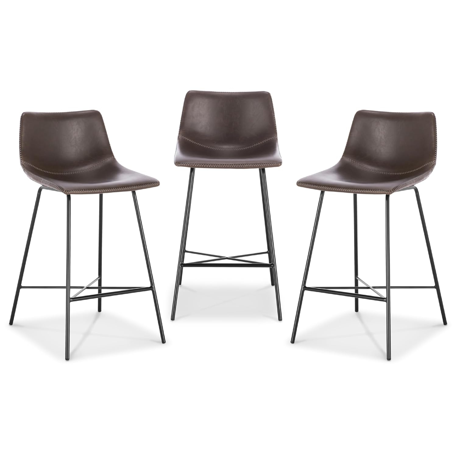 5Rcom 600 lbs Counter Height Bar Stools Set of 3, 24 Inch Faux Leather Barstools with Back, Bar Chairs with Metal Legs for Kitchen Island, Dining Room, Party Room & Restaurant, (Brown)