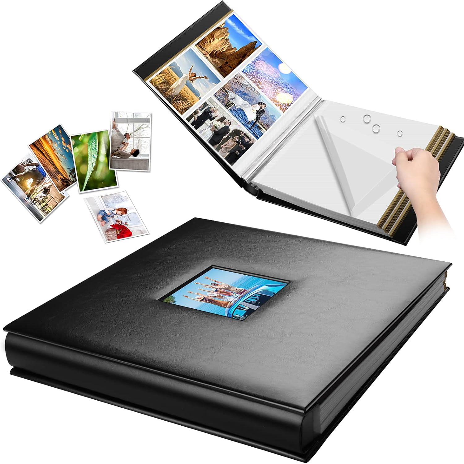 Photo Album Self Adhesive 80 Sticky Pages Leather Cover Scrapbook Photos Book for Christmas Gifts Wedding Large Picture Albums Hold 3x5 4X6 5X7 8X10 Black