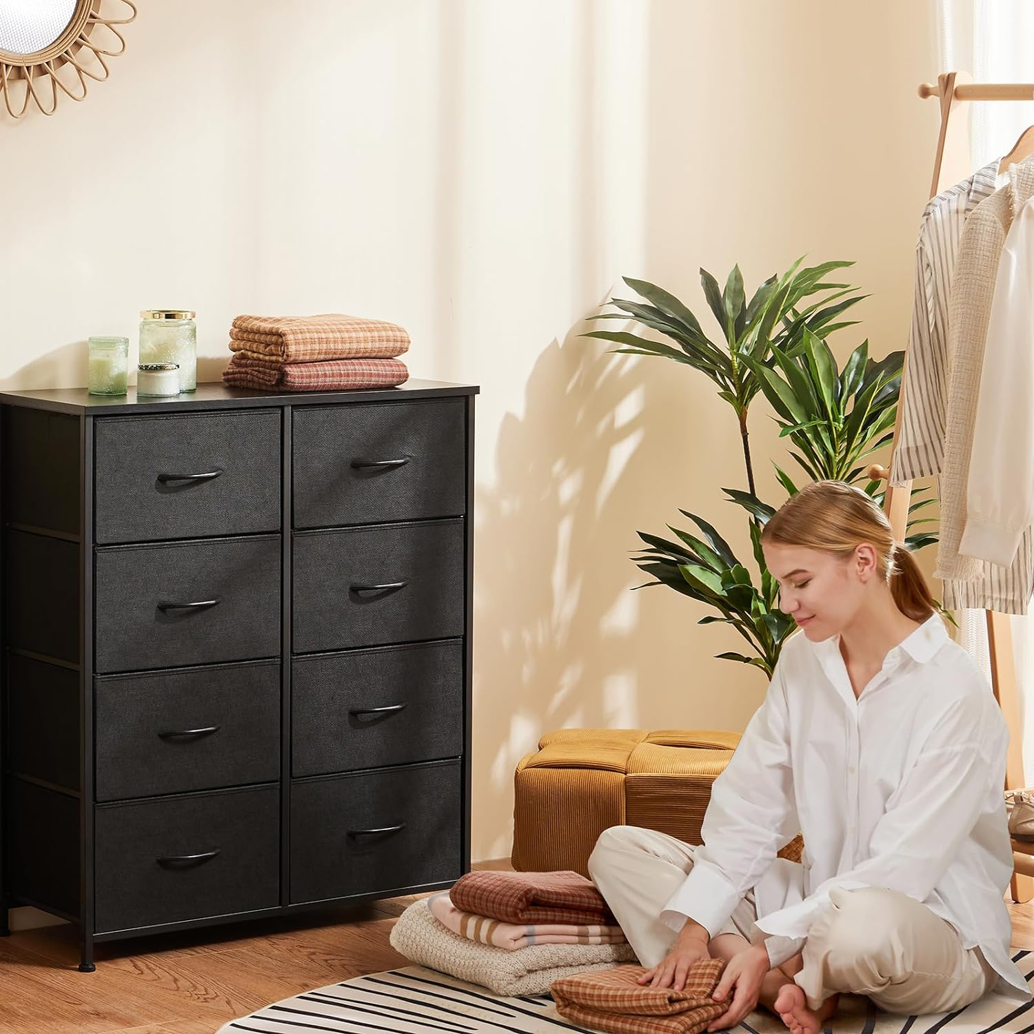 Dresser, Dresser for Bedroom Drawer Organizer Storage Drawers, Fabric Storage Tower with 8 Drawers, Chest of Drawers with Steel Frame, Wood Top for Nursery, Living Room, Closet
