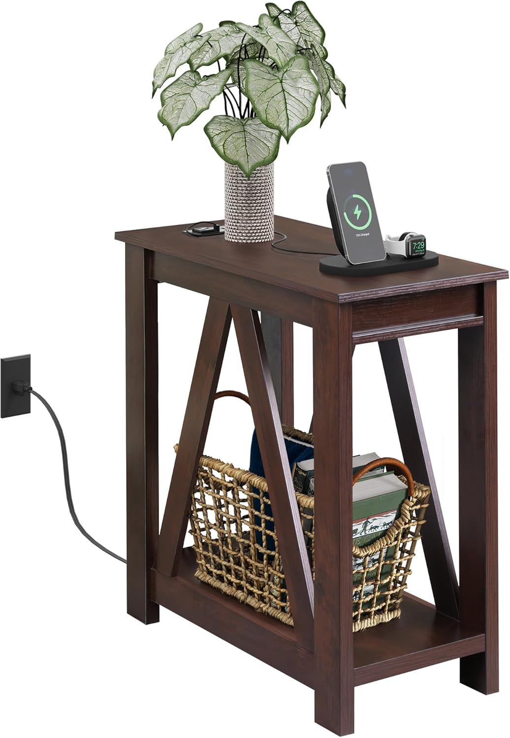 WLIVE Narrow End Table with Charging Station of Open Storage Shelf，Sofa Side Table with 2 USB Ports and 2 Power Outlets，Slim Farmhouse End Table for Small Spaces，Bedroom, Living Room, Espresso