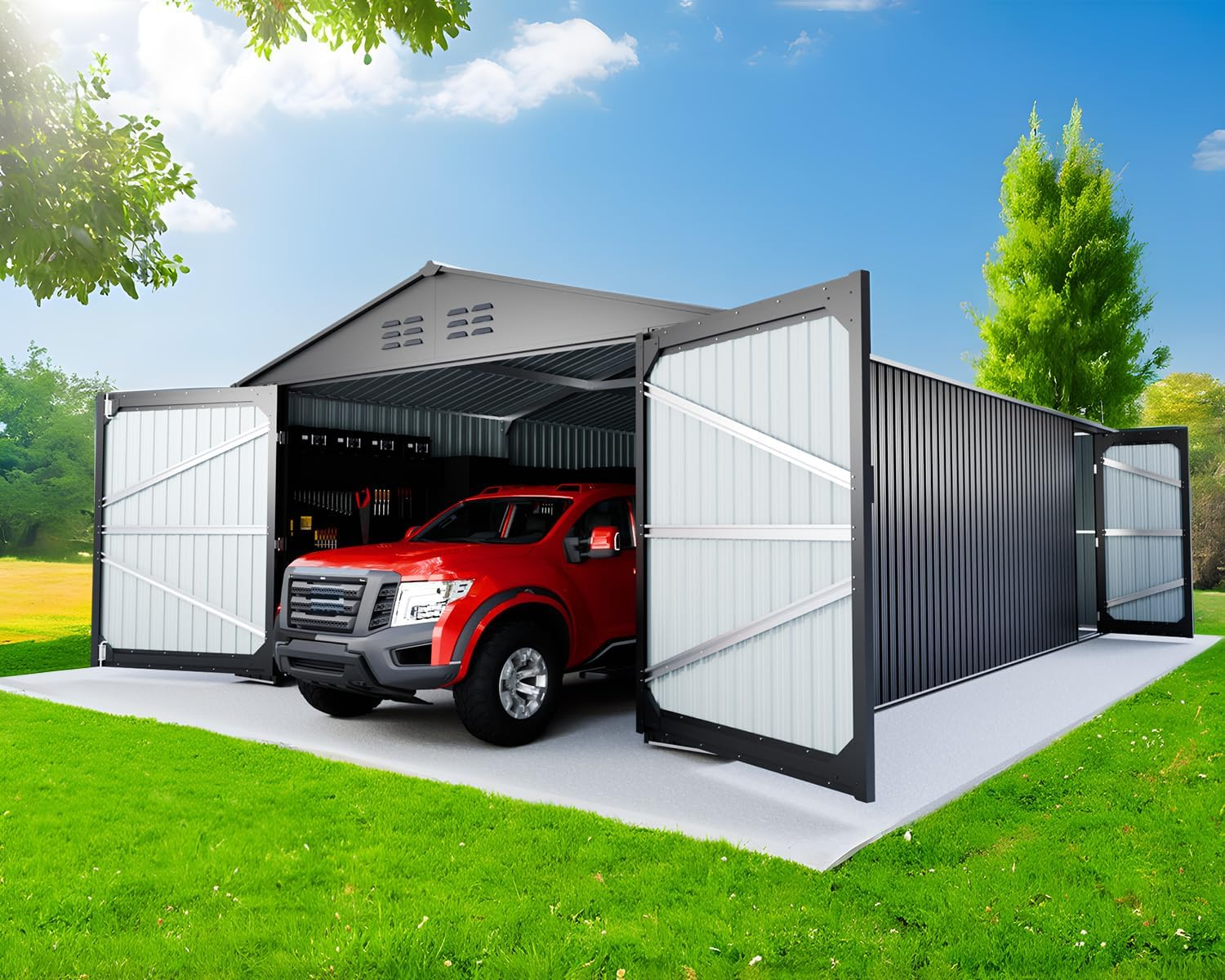 20 x 10 FT Outdoor Storage Shed, Large Metal Garden Shed with 2 Lockable Doors, Tool Shed Outdoor Storage with 4 Air Vents, Garage Shed Waterproof for Car, Truck, Bike, Garbage Can, Tool, Dark Gray