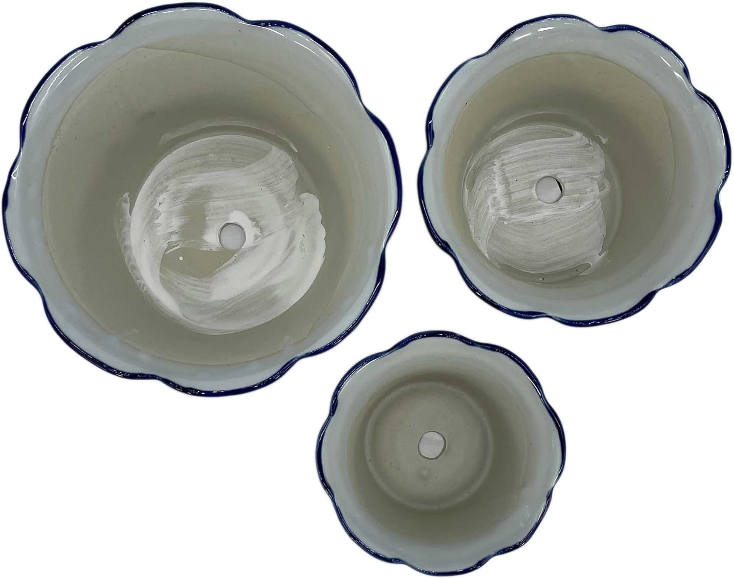 Set of 3 Blue & White Floral Ceramic Pots Ruffled Lip