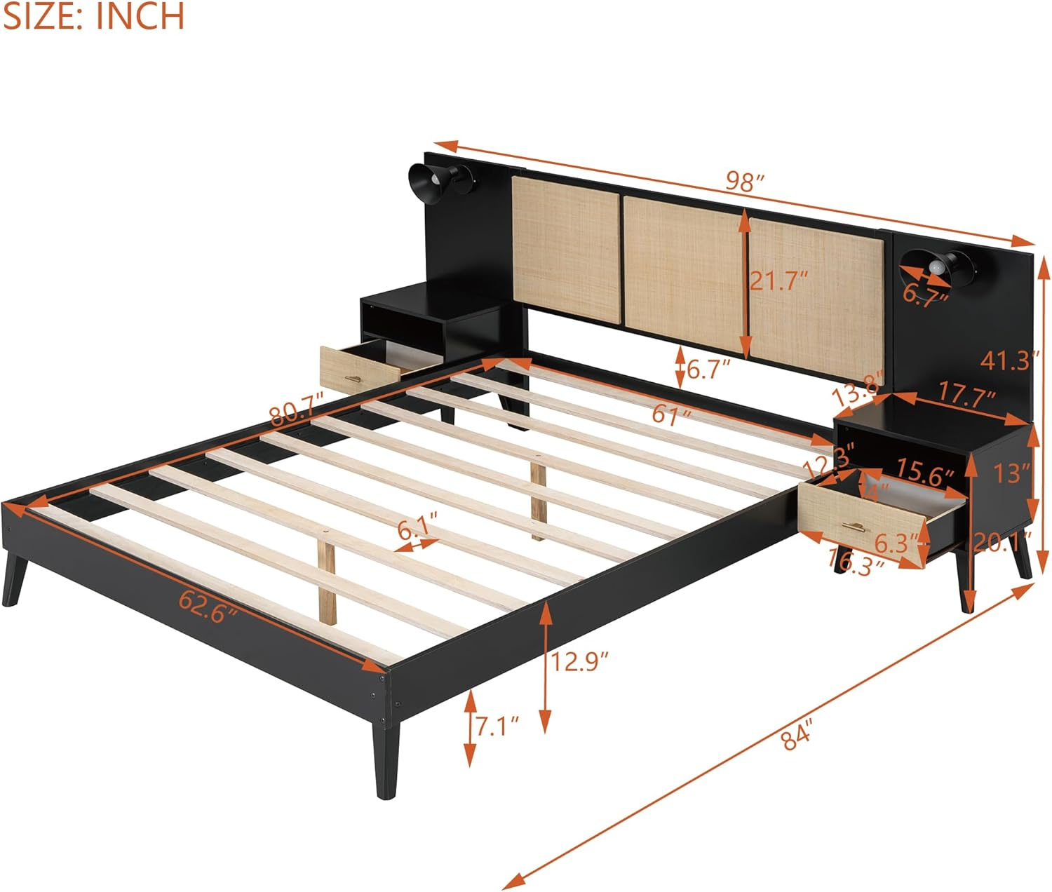 Queen Size Black and Rattan Solid Wood Bed Frame with Nightstands