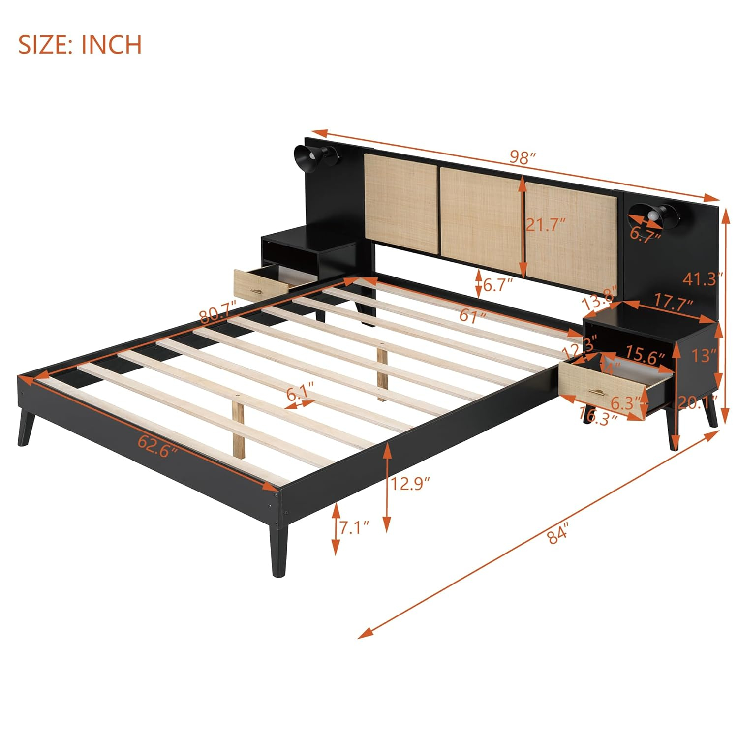 Queen Size Black and Rattan Solid Wood Bed Frame with Nightstands