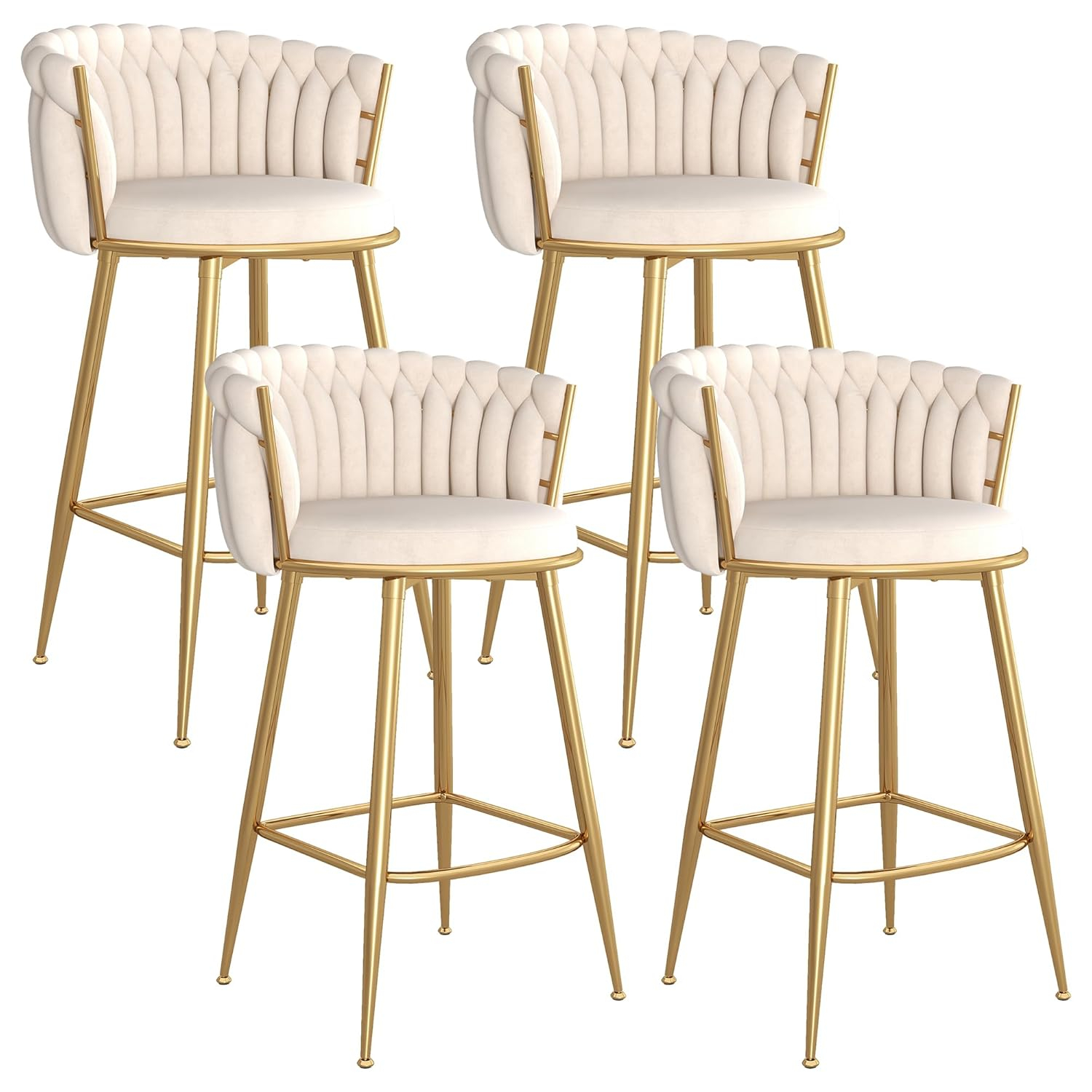 Beige Velvet Counter Stools with Gold Legs Mid Century Modern Bar Stools Set of 2 Upholstered Counter Height Stool Chairs 26 Inch kitchen Island Chairs with Back