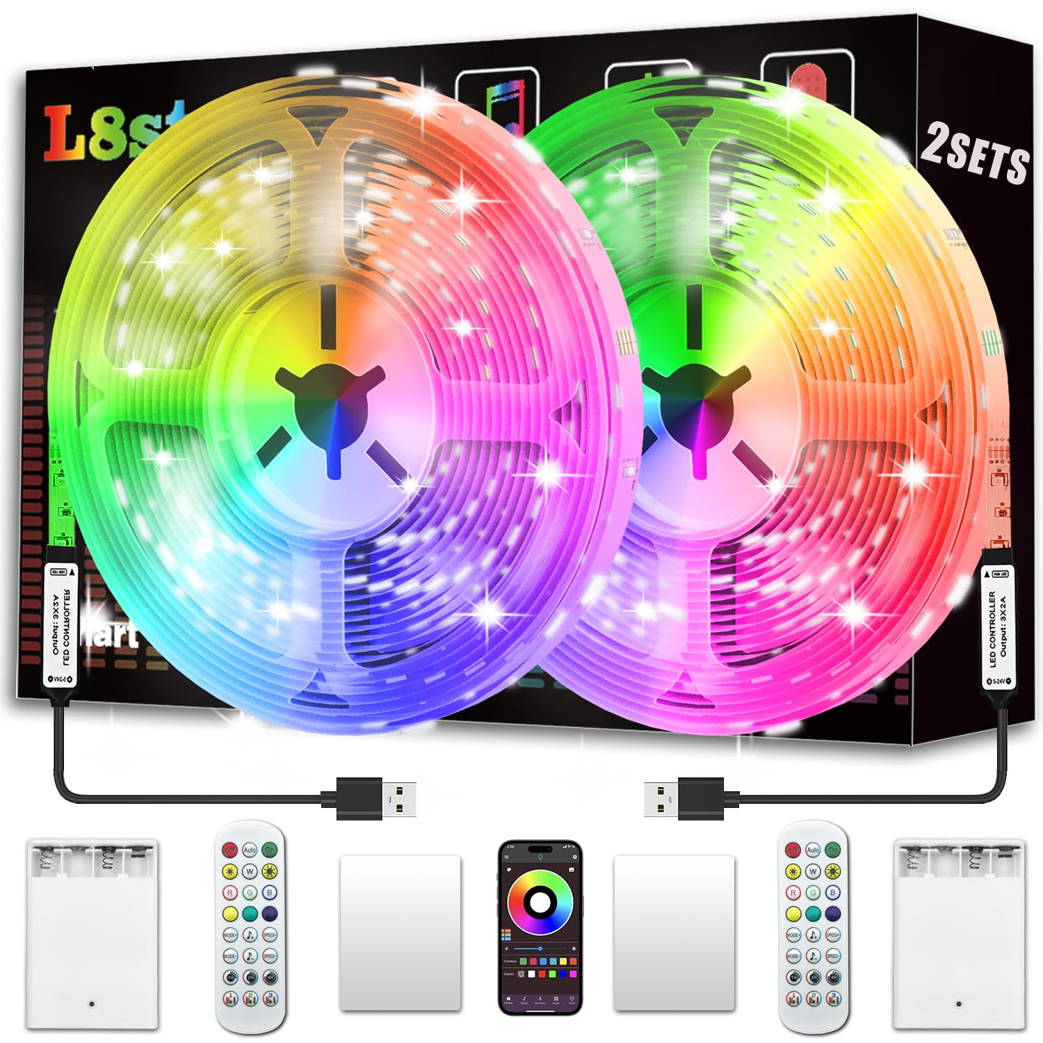 Battery Powered Led Strip Lights 13ft, 2x6.5ft USB/Battery Operated RGB LED Lights Birthday Christmas Gift with Remote for TV Backlight, Bedroom, Camping