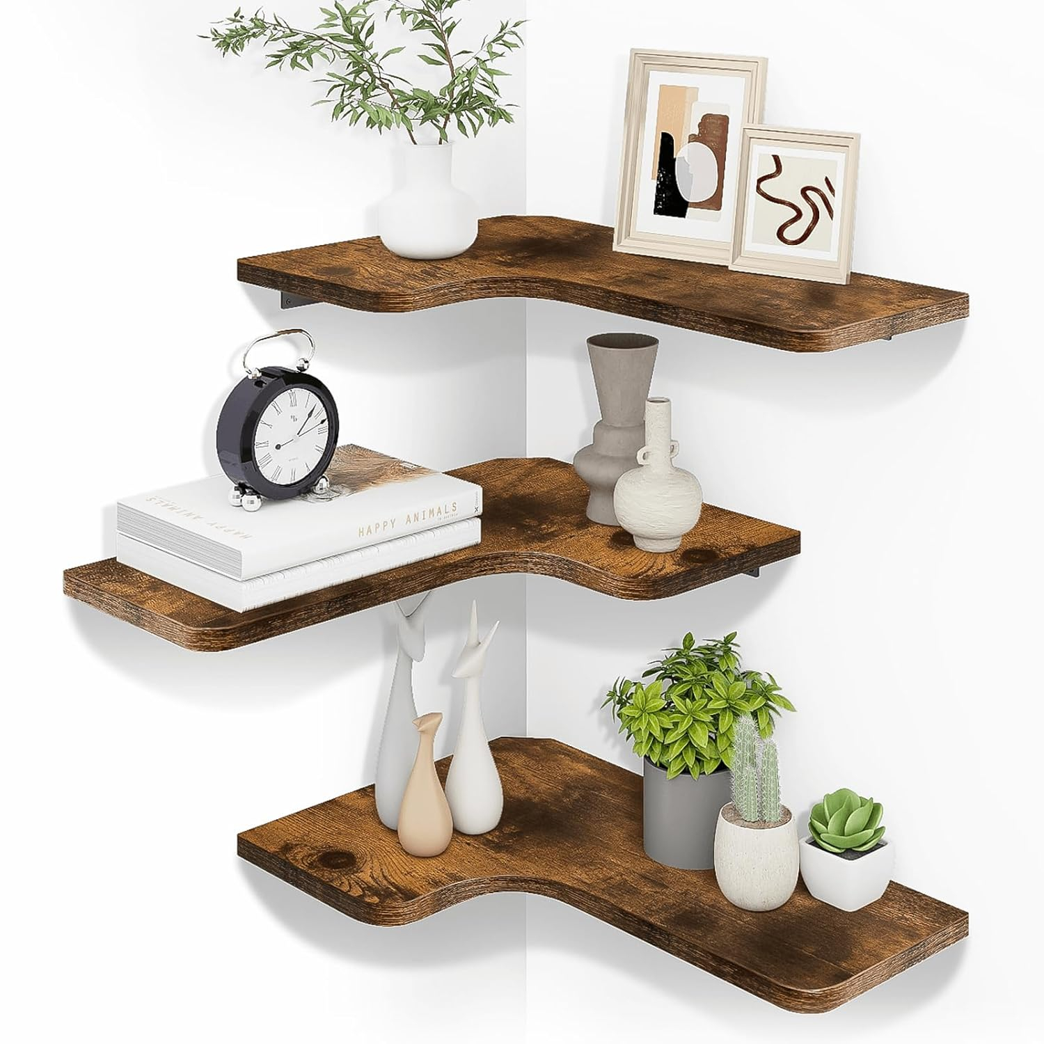 Homode Corner Floating Shelves, Corner Shelves Wall Mounted with Cord Hole, Set of 3 L Shape Wood Wall Storage Shelves for Living Room Bedroom Bathroom Kitchen, Rustic Brown
