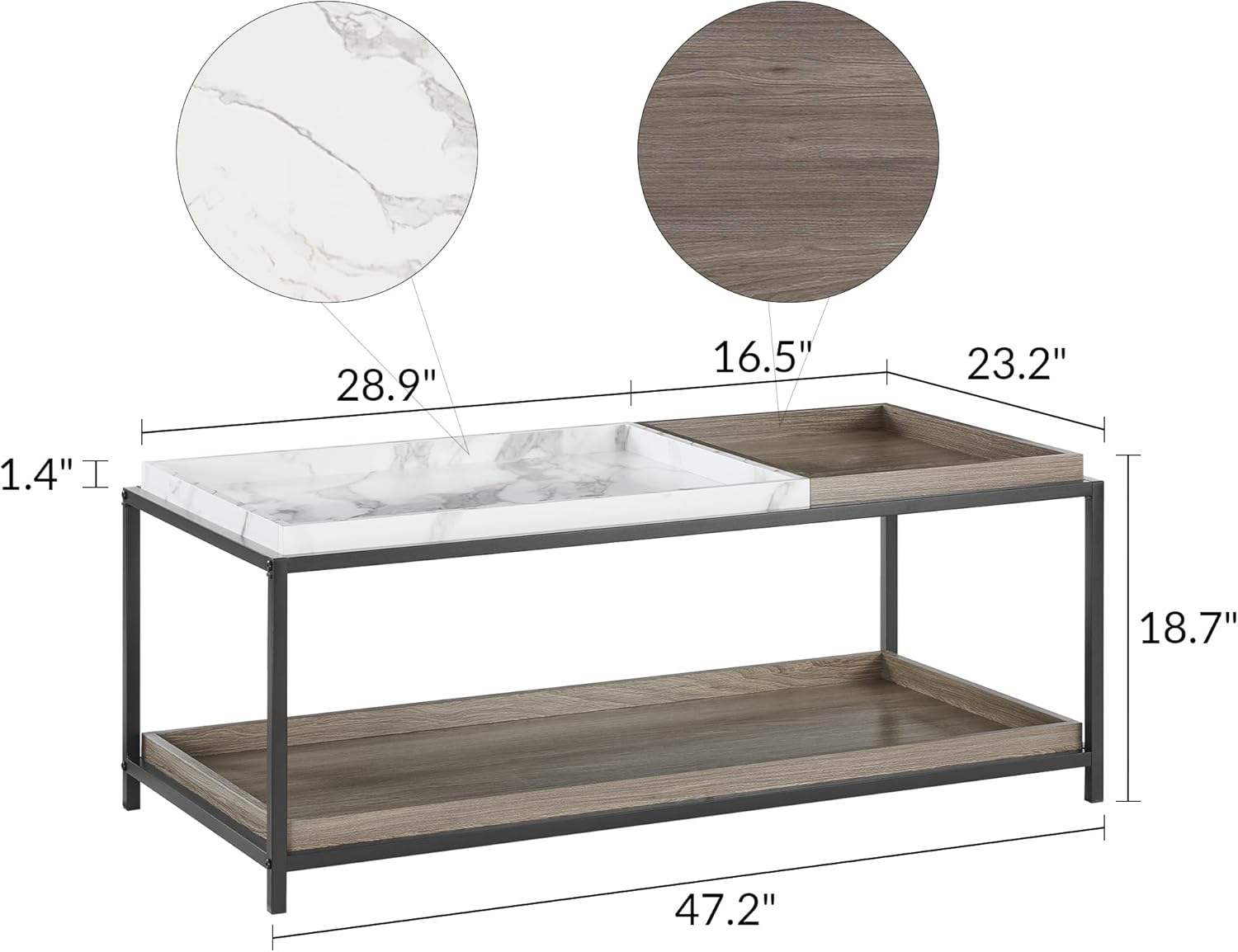 Convertible Entertaining Coffee Table - Faux Marble Coffee Table with 2 Removable Trays, 47 Living Room Table, Modern Coffee Table, Walnut Coffee Table