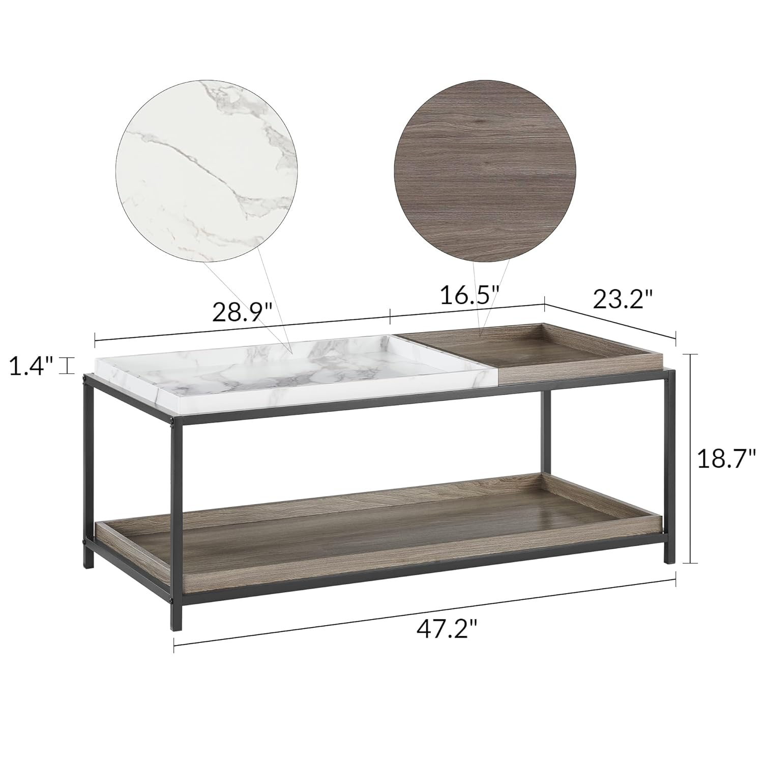 Convertible Entertaining Coffee Table - Faux Marble Coffee Table with 2 Removable Trays, 47 Living Room Table, Modern Coffee Table, Walnut Coffee Table