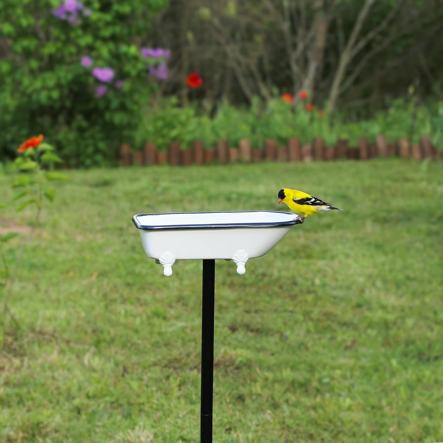 Brass Bird Bath Tub, White Finish, Featuring Clawfoot Bathtub Design, Bird Feeder, Includes Garden Pole by Good Directions