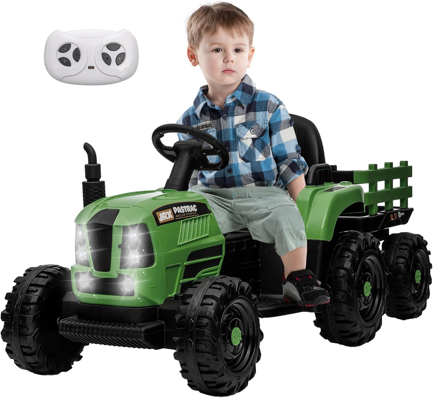 24V 400W Powered Electric Tractor for Kids, 3-Speed Ride On Tractor with Remote Control, USB/MP3/Bluetooth, LED Lights, Safety Belt, 1.86-4.97 MPH，Green