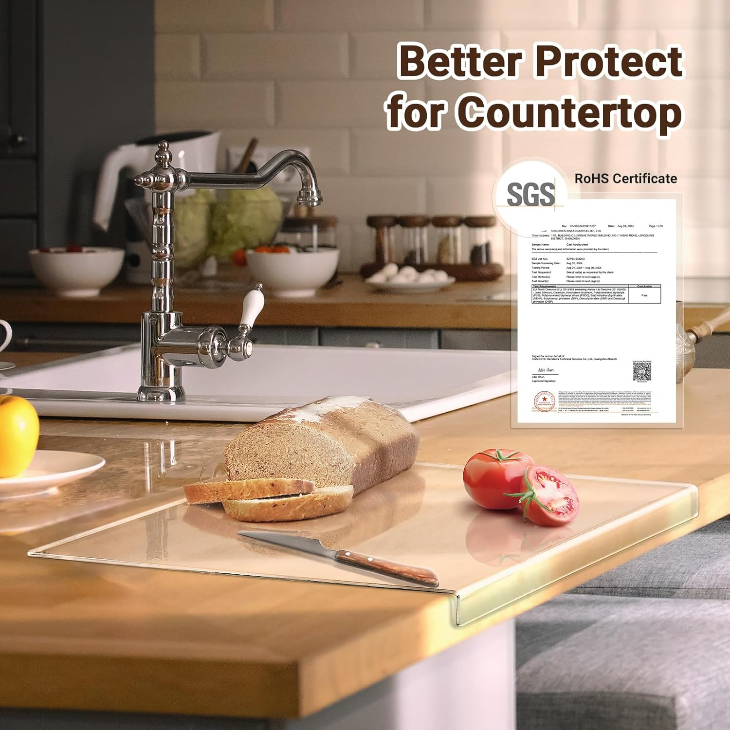 Clear Acrylic Rectangular Non-Slip Cutting Board with Counter Lip