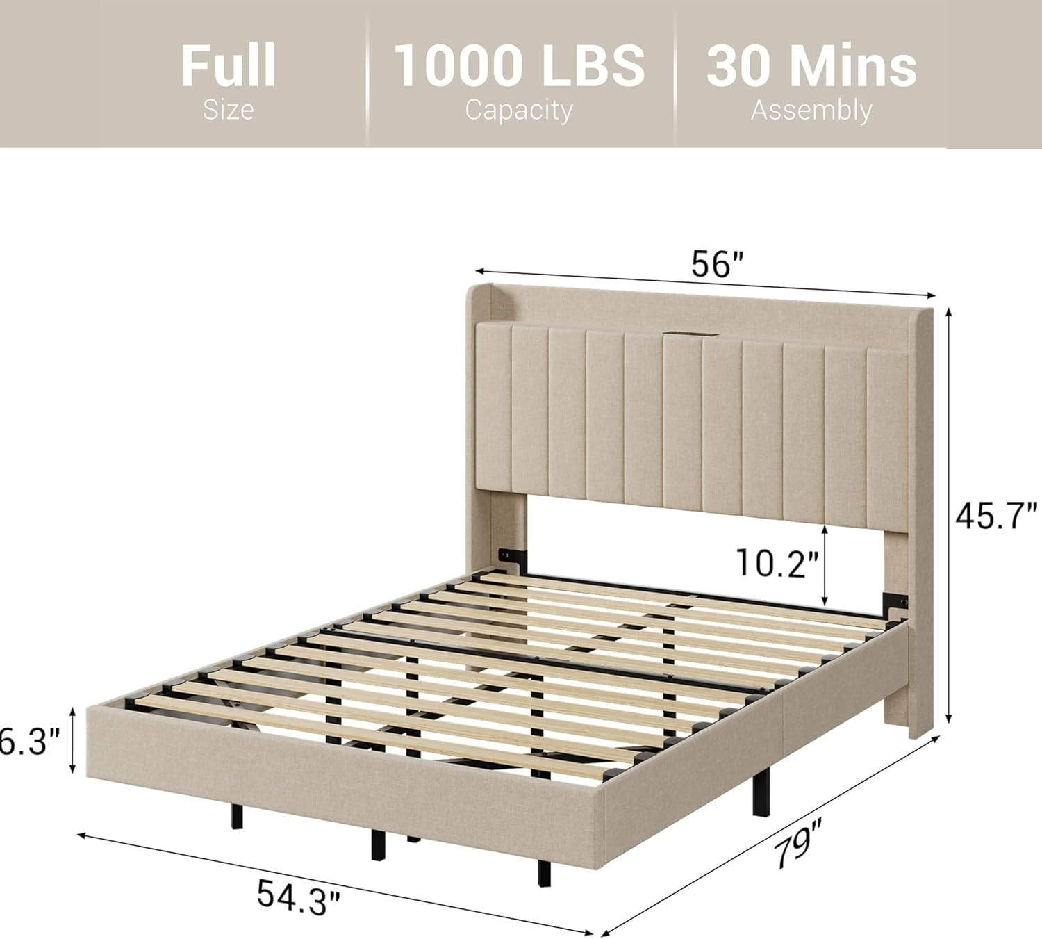 GarveeHome Queen Floating Bed Frame with Charging Station & Storage Headboard, Upholstered Platform Full Size Bed Frame with LED Lights, Solid Wood Slats, Beige