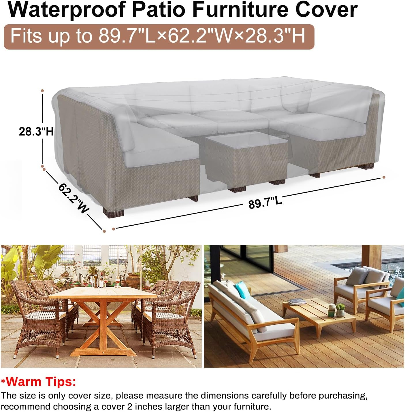 Heavy Duty Patio Furniture Covers Waterproof, Mrrihand Patio Furniture Outdoor Sectional Sofa Set , Patio Table and Chair Set Cover 89.7"L×62.2"W×28.3"H