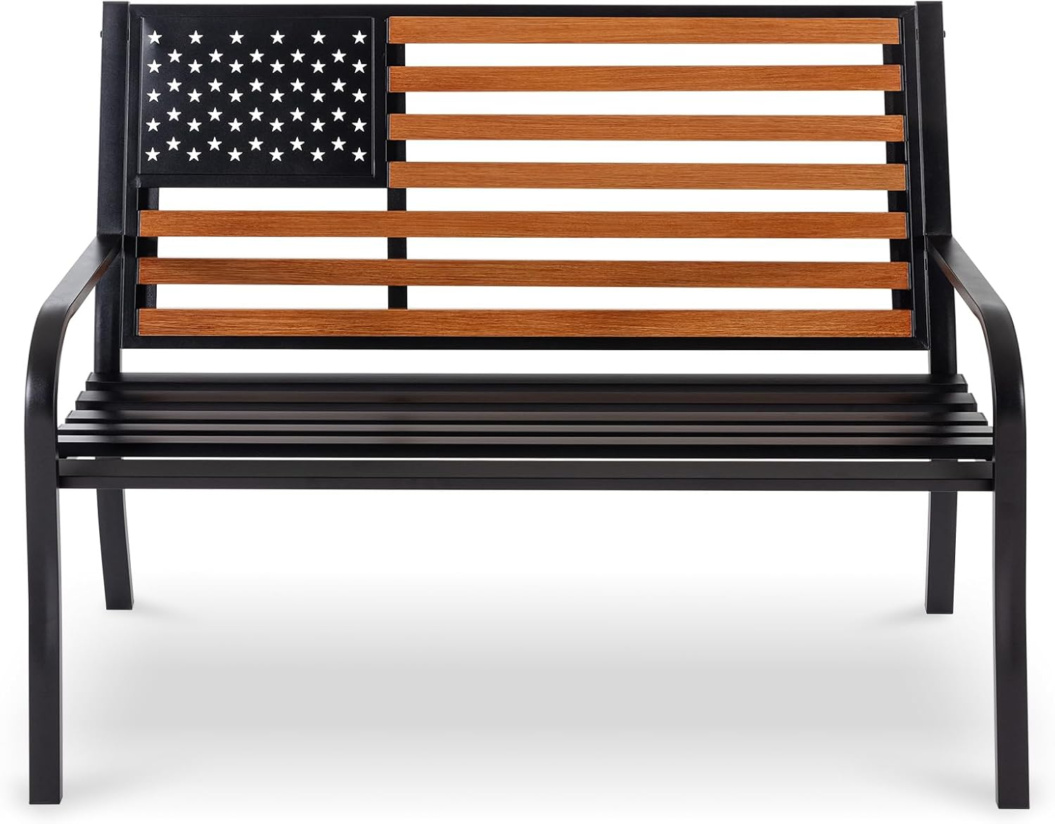 50" Outdoor Garden Bench, Cast Iron Metal Frame Patio and Porch Welcome Benches with Classic Americana Style Backrest and Weatherproof Seat, Park Decorative Memorial Bench (Black & Woodgrain Colors)