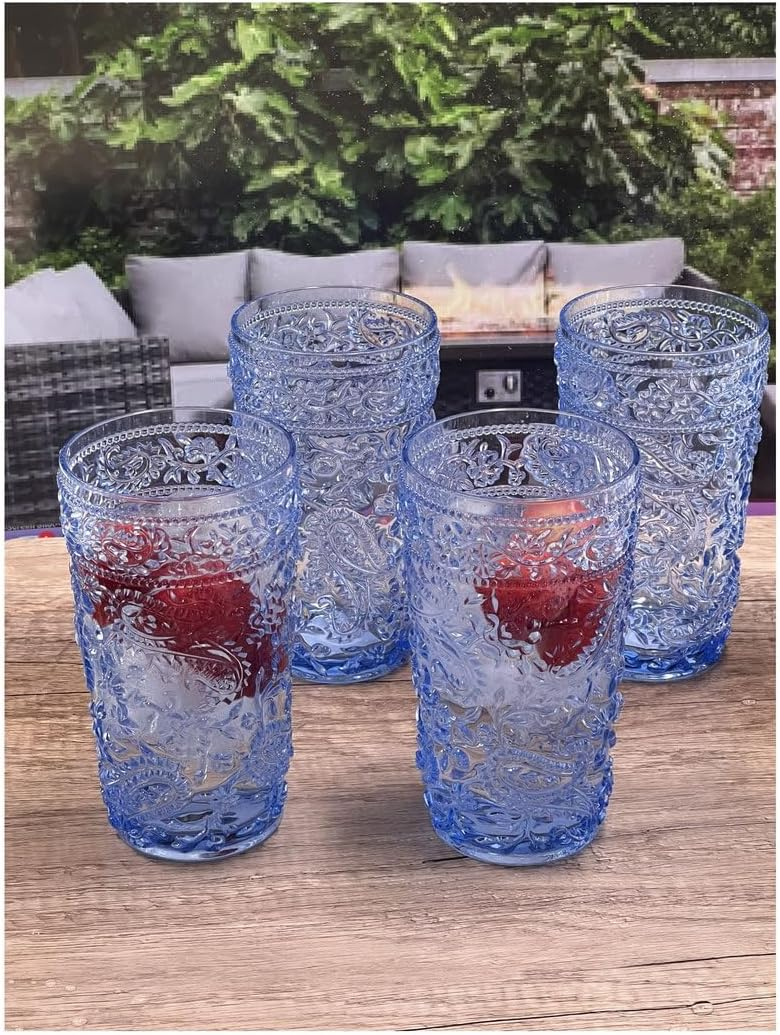 HomeRoots Set Of Four Blue Paisley Acrylic Stemless Highball Glass