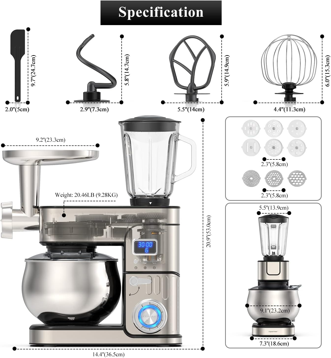 6-IN-1 Stand Mixer, LCD Display Kitchen Electric Mixer, 6.5QT Stainless Steel Bowl Mixer, Multi-Function Kitchen Mixer With Dough Hook, Whisk, Beater, Meat Grinder, Blender, Splash Guard