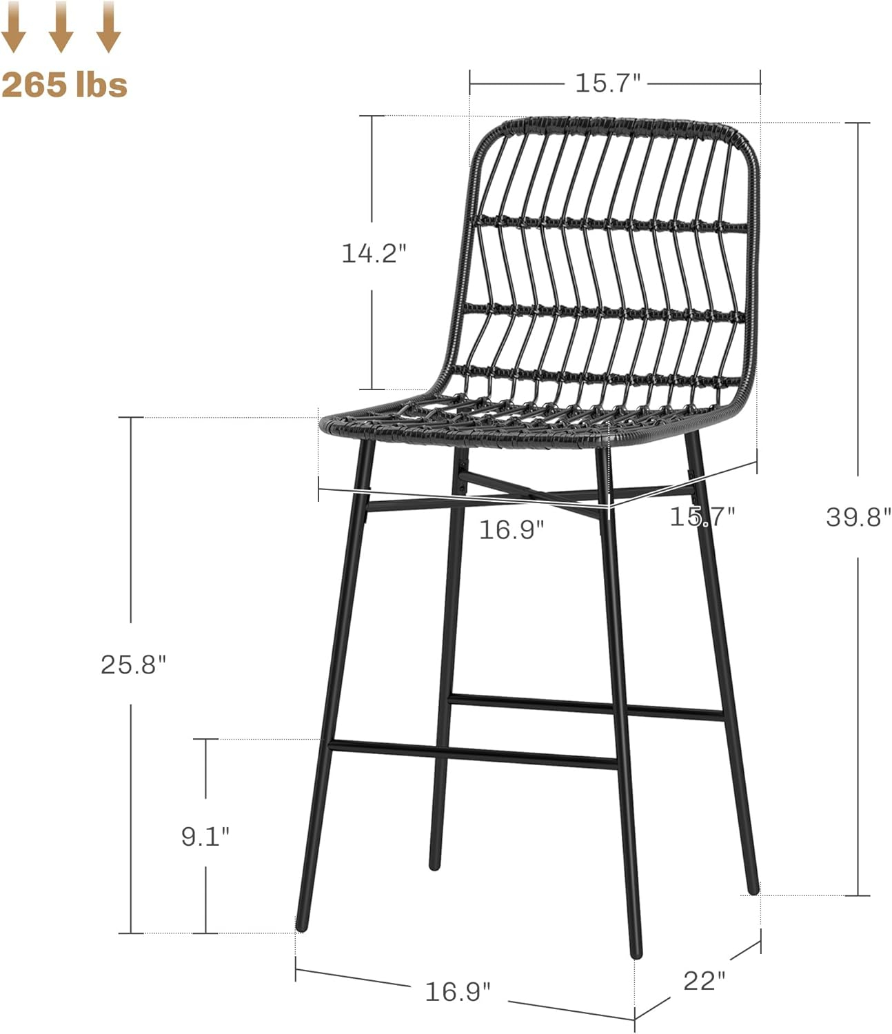 HOMCOM Rattan Counter Height Bar Stools Set of 2 Barstools with Back, Black