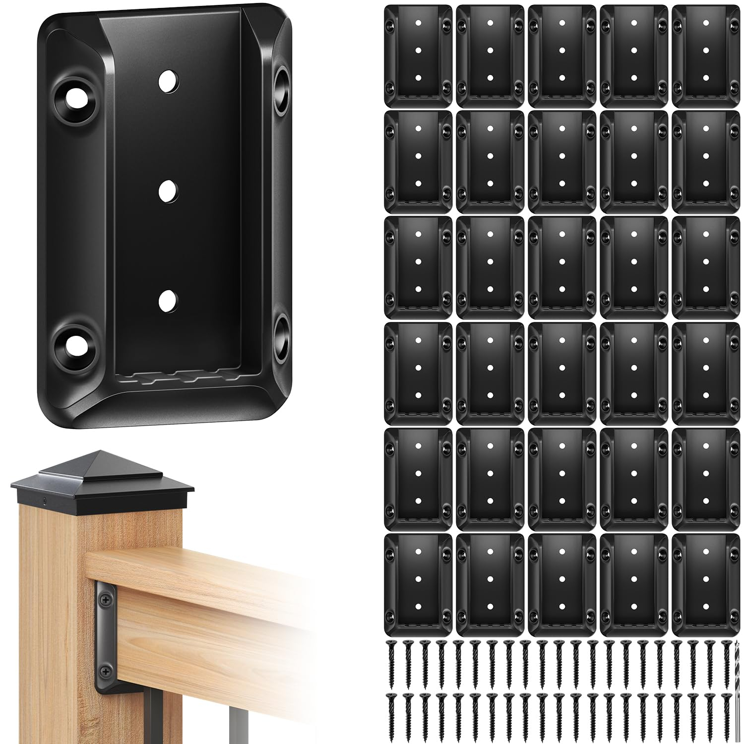 30 Pcs Deck Railing Bracket Connectors for 2"×4“ (Actually 1.5”x3.5“) Wood Post to Handrail Connection, Railing Connectors with 210 Pcs Galvanized Black Screws for Wooden Stair Fence Railings