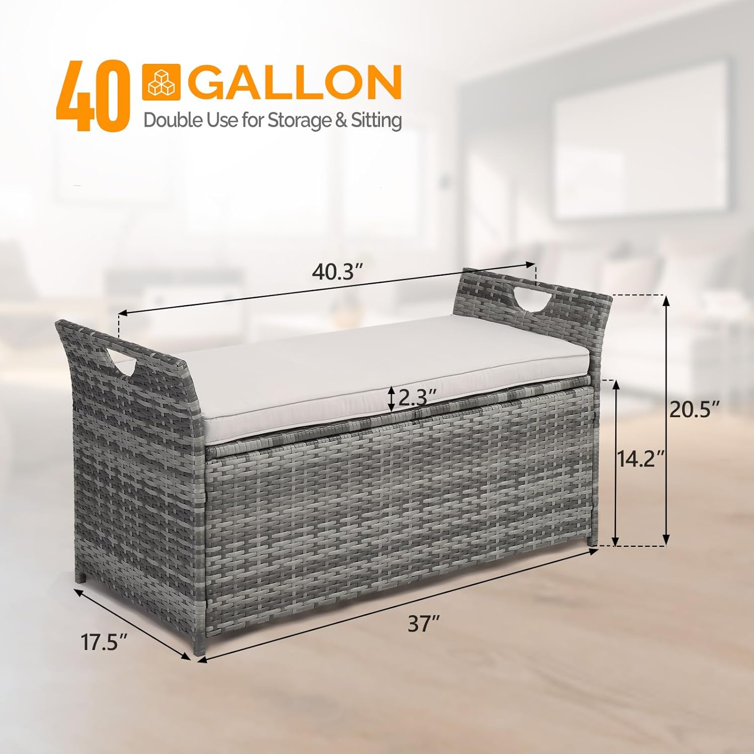 Gray Wicker Outdoor Storage Bench with Cushion