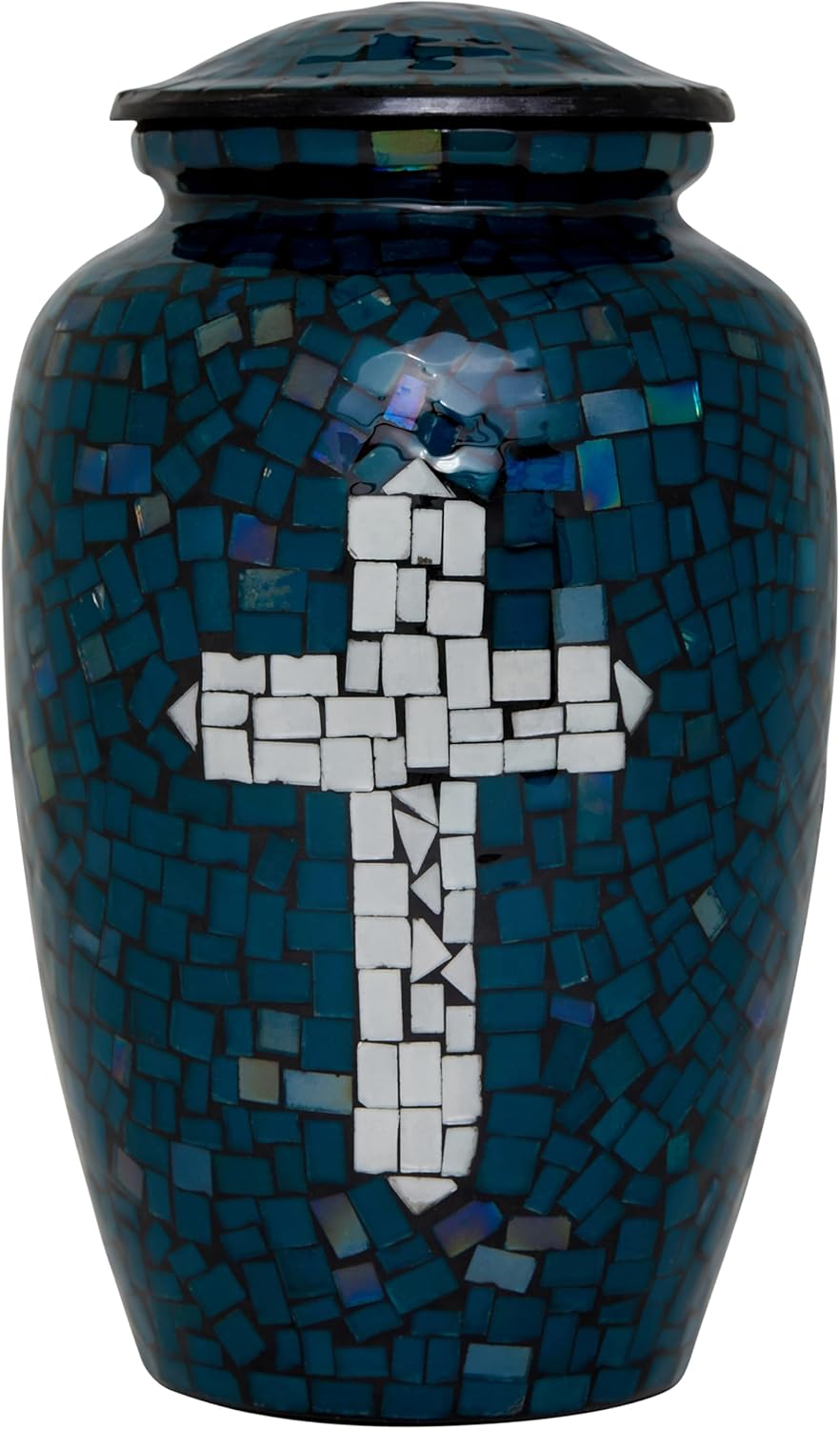 Mosaic Glass Cremation Urn - Hand Made Funeral Urn for Human Ashes - Large Adult Size Burial Urn - Hand Applied Individual Tiles Create a one of a Kind Work of Art - 200 cu in (Deep Blue Cross)