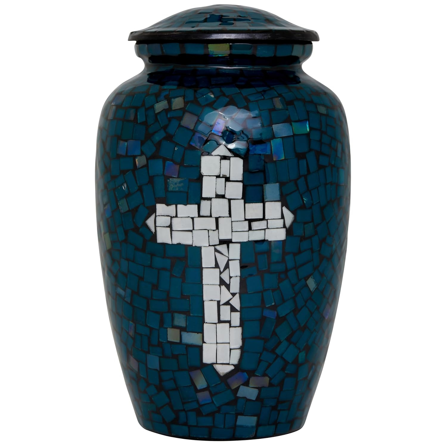 Mosaic Glass Cremation Urn - Hand Made Funeral Urn for Human Ashes - Large Adult Size Burial Urn - Hand Applied Individual Tiles Create a one of a Kind Work of Art - 200 cu in (Deep Blue Cross)