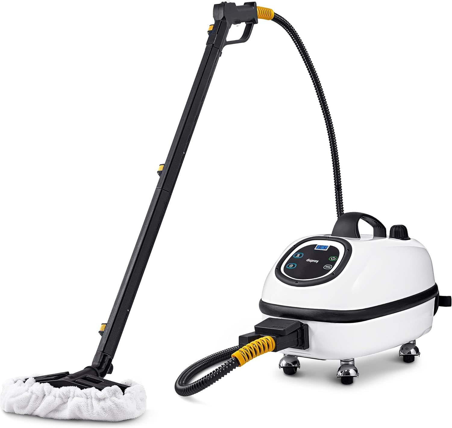 TOSCA™ Steam Cleaner by Dupray. A commercial-grade steam cleaner with enamel-coated steel case and intuitive digital interface. 1600w of power for car detailing, grout cleaning, & tile restoration.
