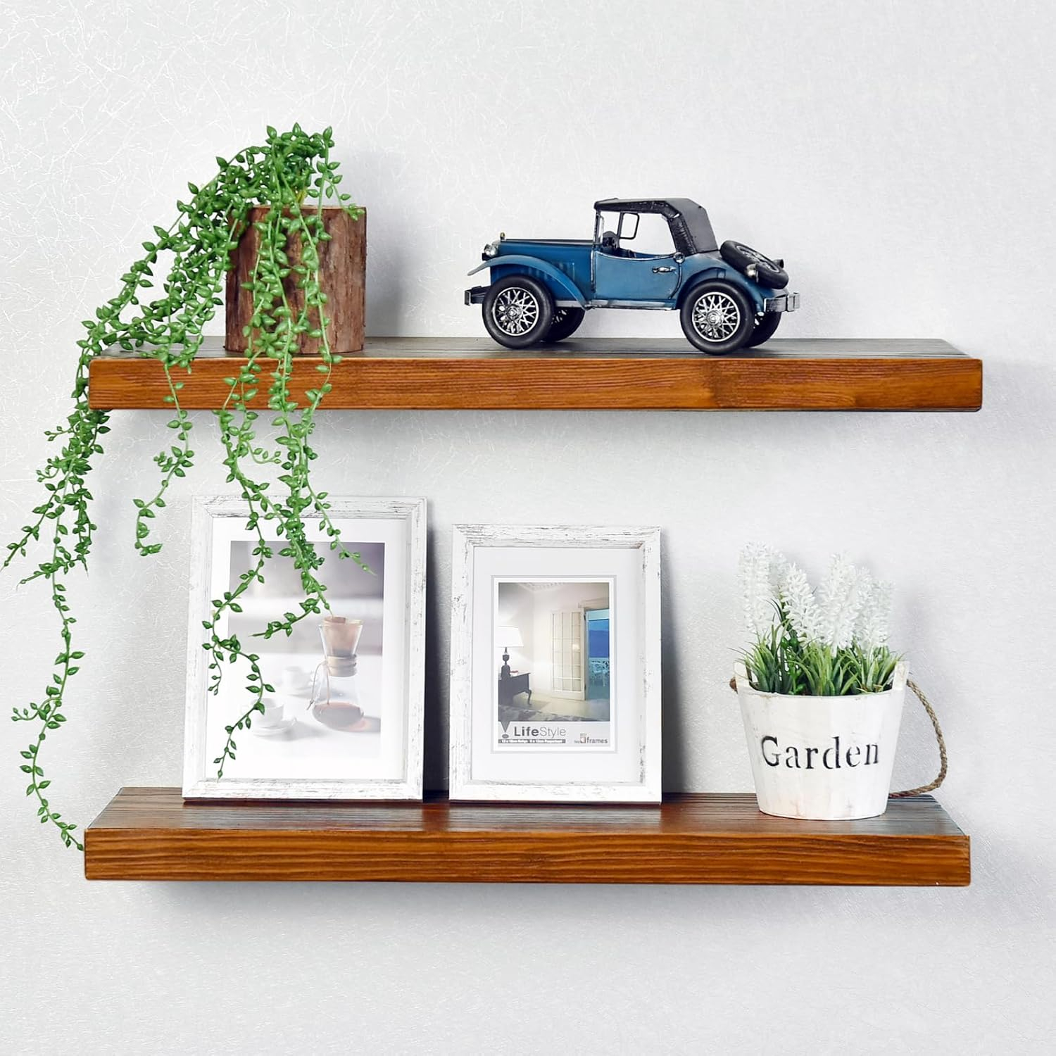 WELLAND Bradley Handmade Wood Floating Shelves Rustic Wall-Mounted Shelves, Set of 2, Walnut Finish