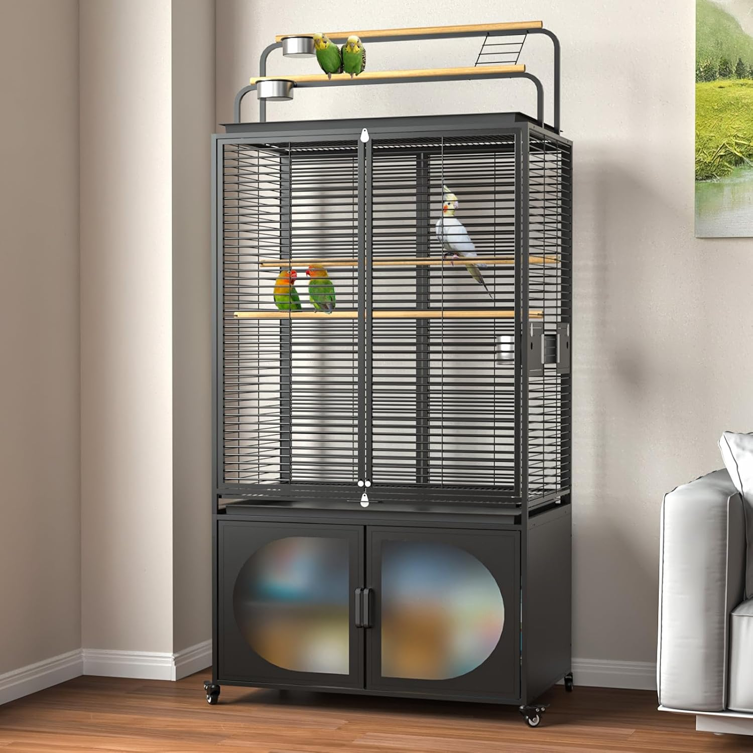 GDLF 72-Inch Bird Cage With Play Top and Rolling Storage Cabinet Extra Large With Cover for Parrot, Parakeet, Cockatiel, Budgie , Parrotlet, Green Cheek Conure