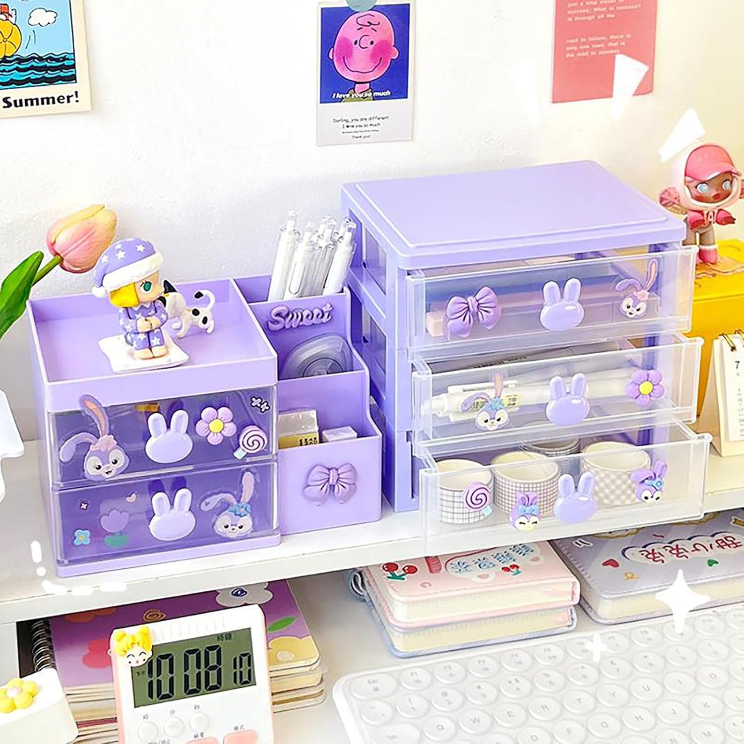 3 Drawer Storage Organizer Small Plastic Drawer Kawaii Purple Desk Organizer Drawer for Bathroom, Dorm, Desk, Office
