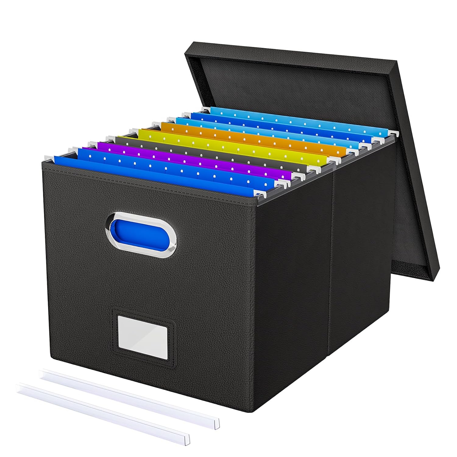 Gijjgole Collapsible Faux Leather Hanging File Folder Box Organizer with lid and Plastic Slides, Black