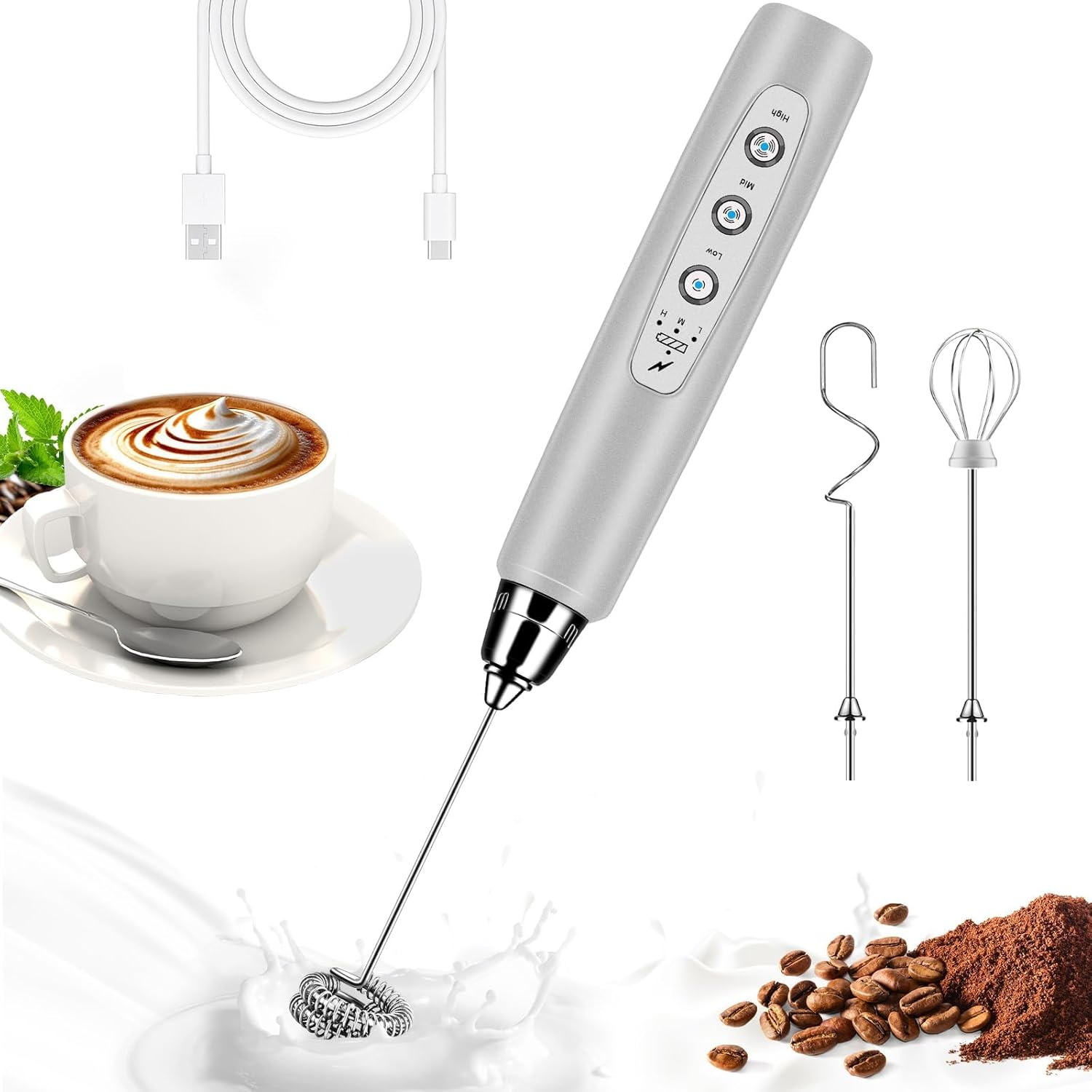 Nahida Silver Milk Frother Wand for Coffee, Frother Handheld Rechargeable Electric Whisk with 3 Heads 3 Speeds Drink Mixer Coffee Frother Foam Maker For Latte, Cappuccino, Hot Chocolate, Egg