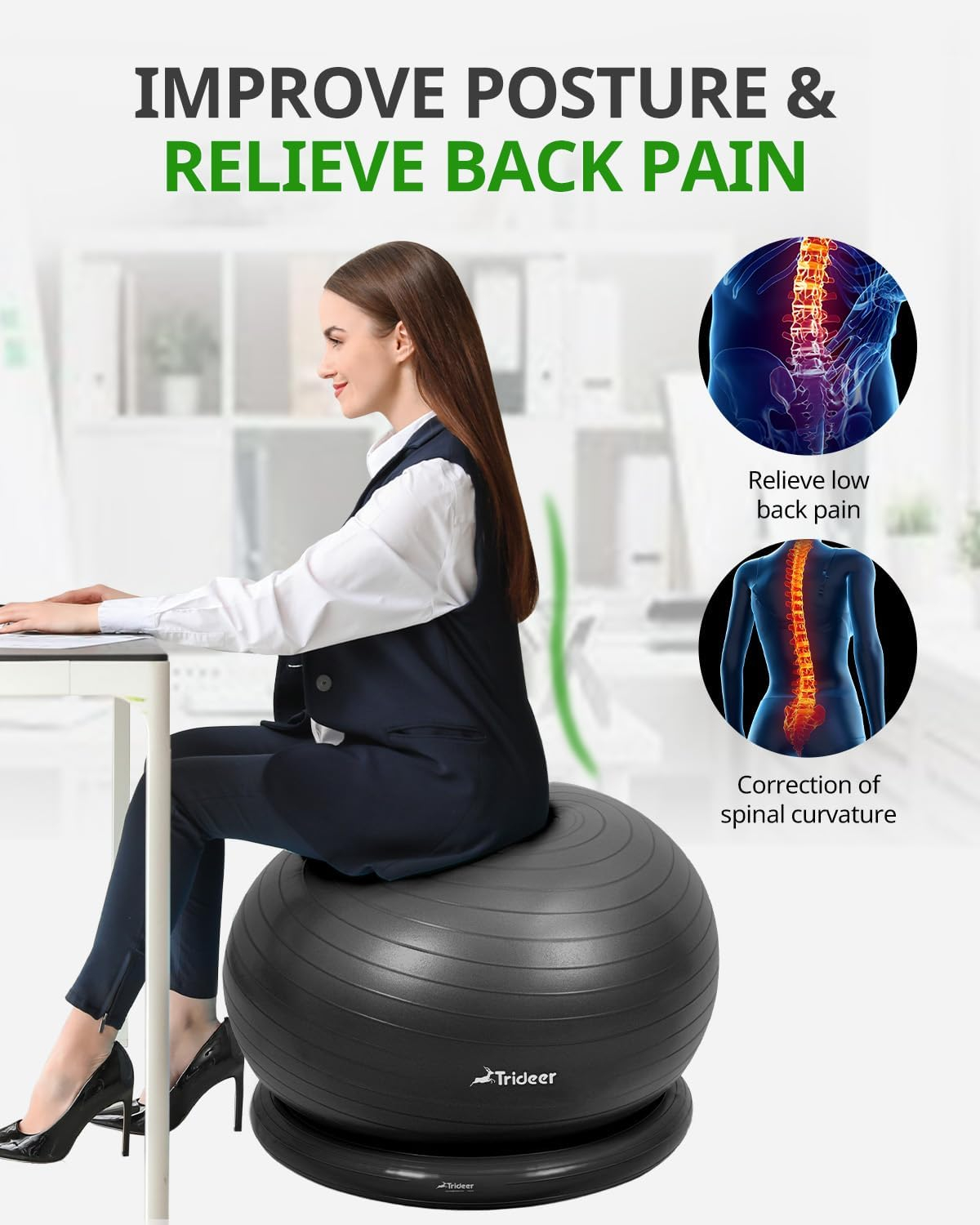Trideer Ball Chair Yoga Ball Chair Exercise Ball Chair with Base & Bands for Home Gym Workout Ball for Abs, Stability Ball & Fitness Ball Seat to Relieve Back Pain