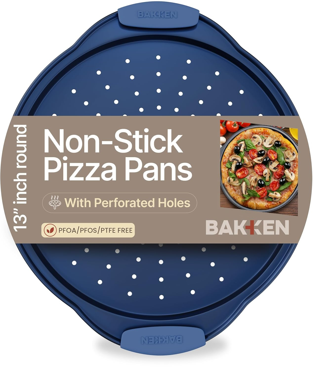Bakken Pizza Baking Pan - Round Perforated Carbon Steel Pan with Non-Stick Marble Coating, Oversized Silicone Handle, Dishwasher Safe, High-Temperature Resistant, Durable & Easy Cleanup Blue, 1 Pack
