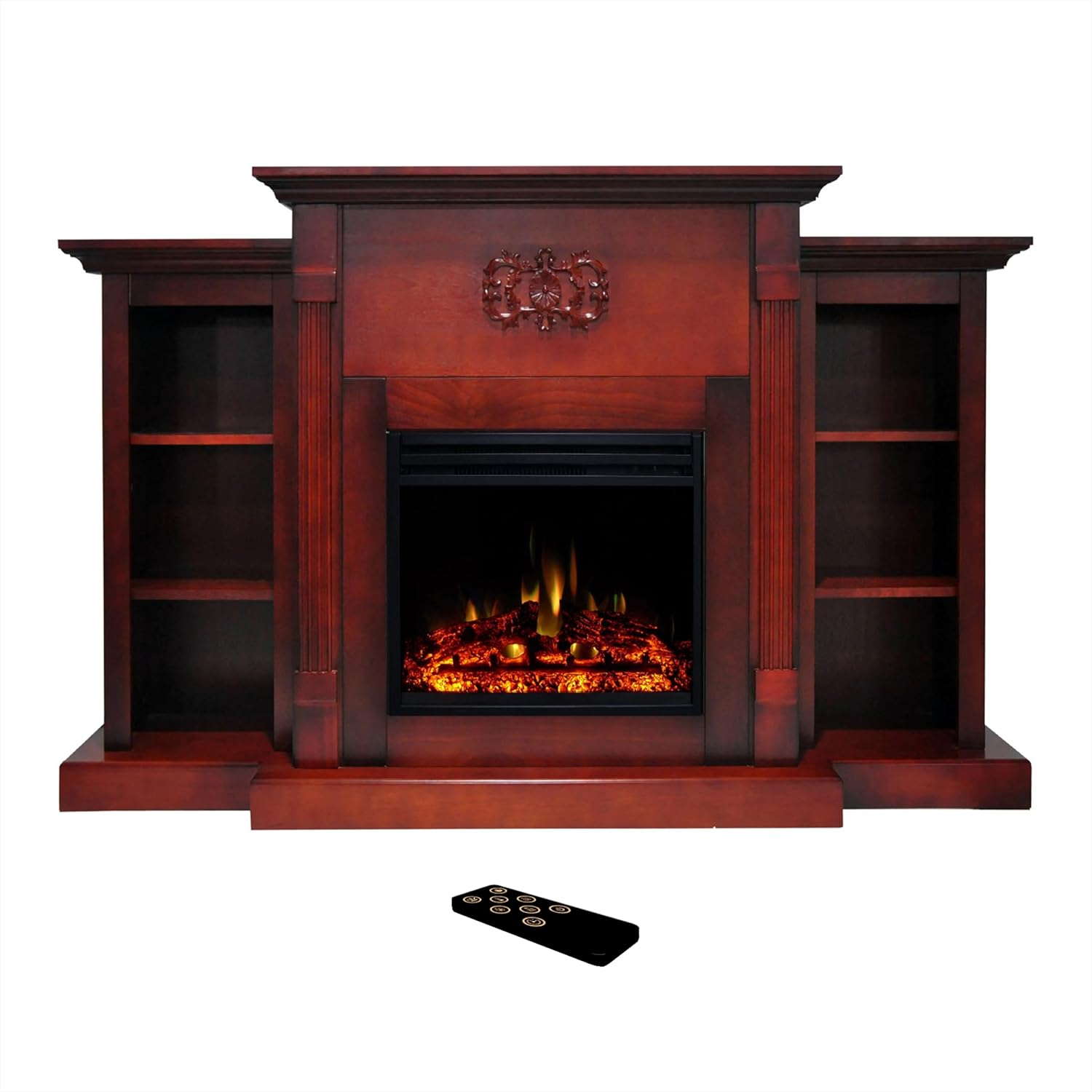 Cambridge Sanoma 72'' Electric Fireplace with Enhanced Charred Log Insert | Multi-Color Flame | For Rooms up to 210 Sq.Ft | Remote | Slate Blue Mantel | Adjustable Heat Settings