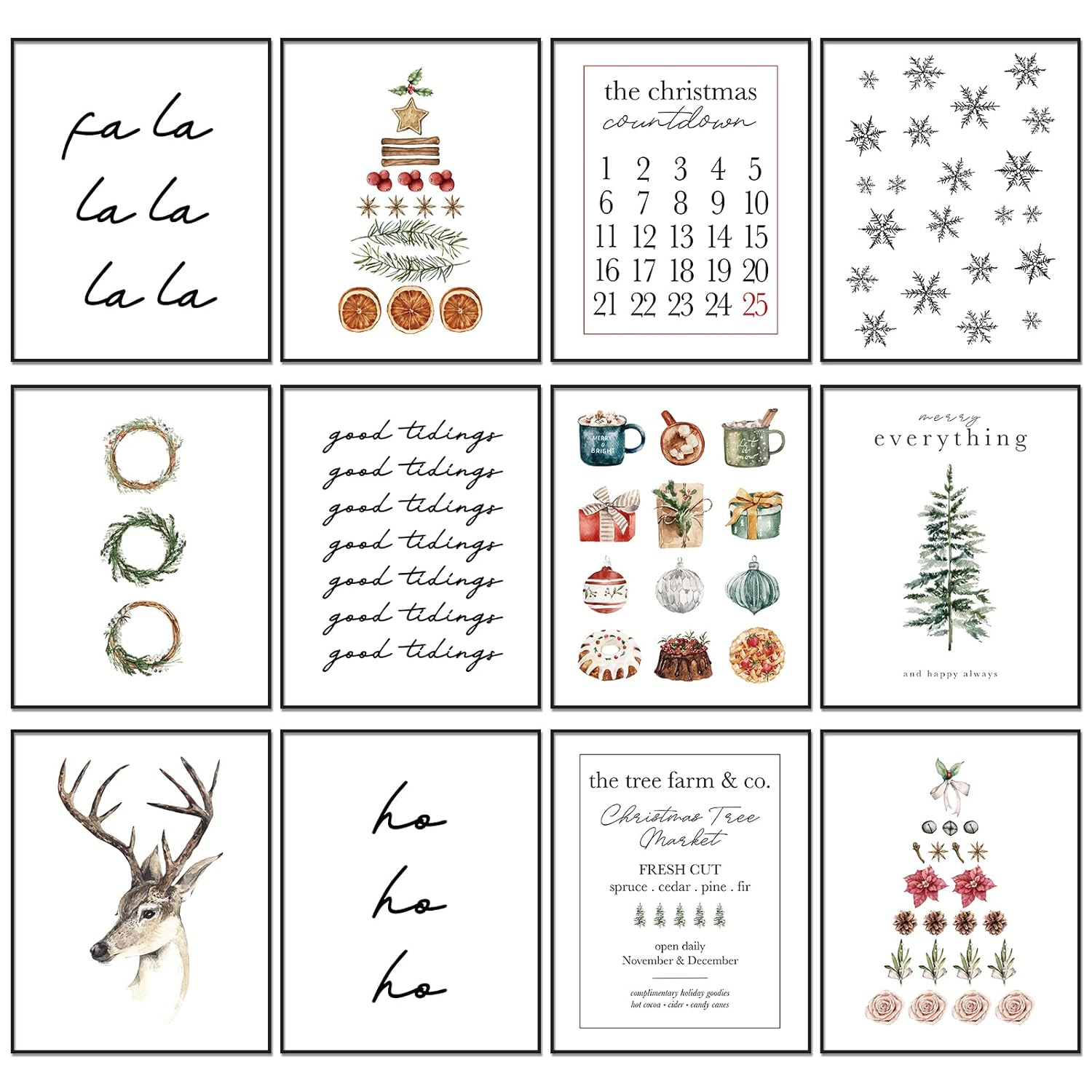 AnyDesign 12Pcs Christmas Wall Art Prints Minimalist Watercolor Xmas Art Poster Aesthetic Cozy Christmas Posters Room Decor for Xmas Tree Winter Gallery Living Room Bathroom (UNFRAMED, 11x14in)