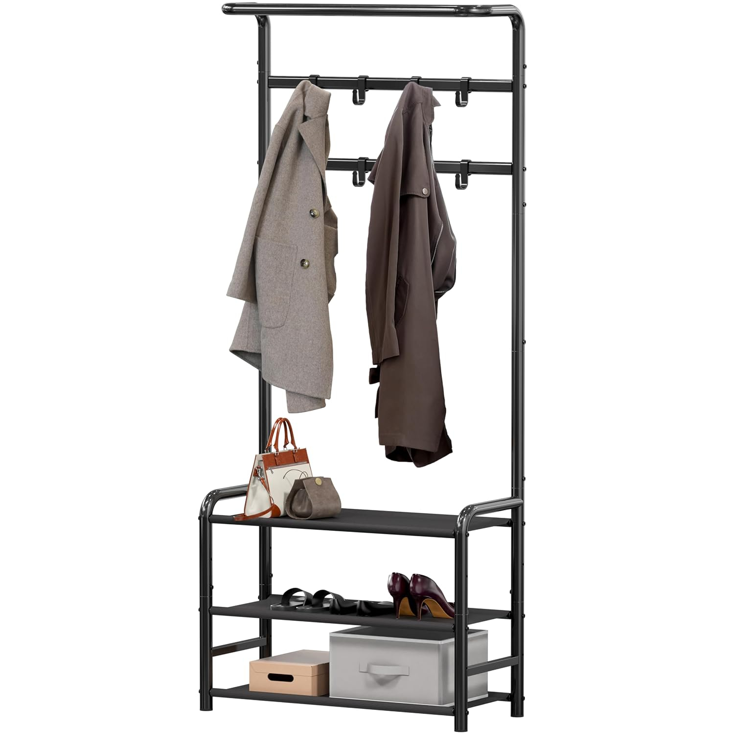 Simple Houseware Coat Rack with Storage Shelf and Shoe Rack for Entryway, Black