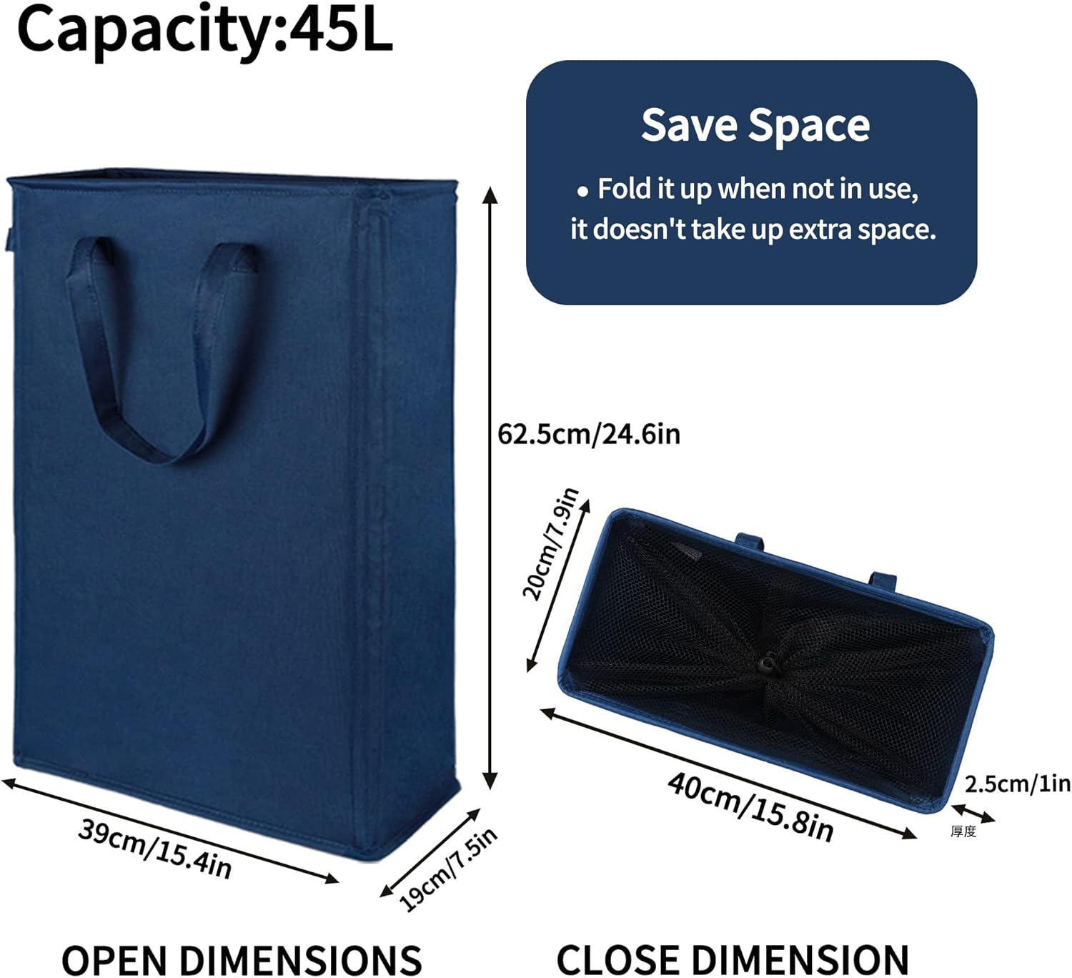 Odonata Slim Laundry Hamper Handles Collapsible Laundry Basket Thin Dirty Clothes Basket Narrow Laundry Bag Foldable Dirty Hamper 45L (Navy blue)