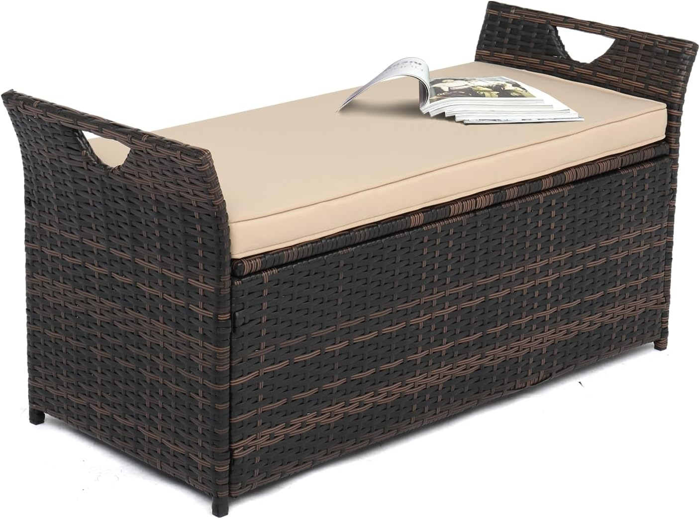 VINGLI 40 Gallon Wicker Storage Bench, Patio Cushion Storage Box Designed with Side Handles, Rattan Deck Box for Garden Tools, Cushions, Outdoor Patio Deck Box for Garden, Poolside, Brown