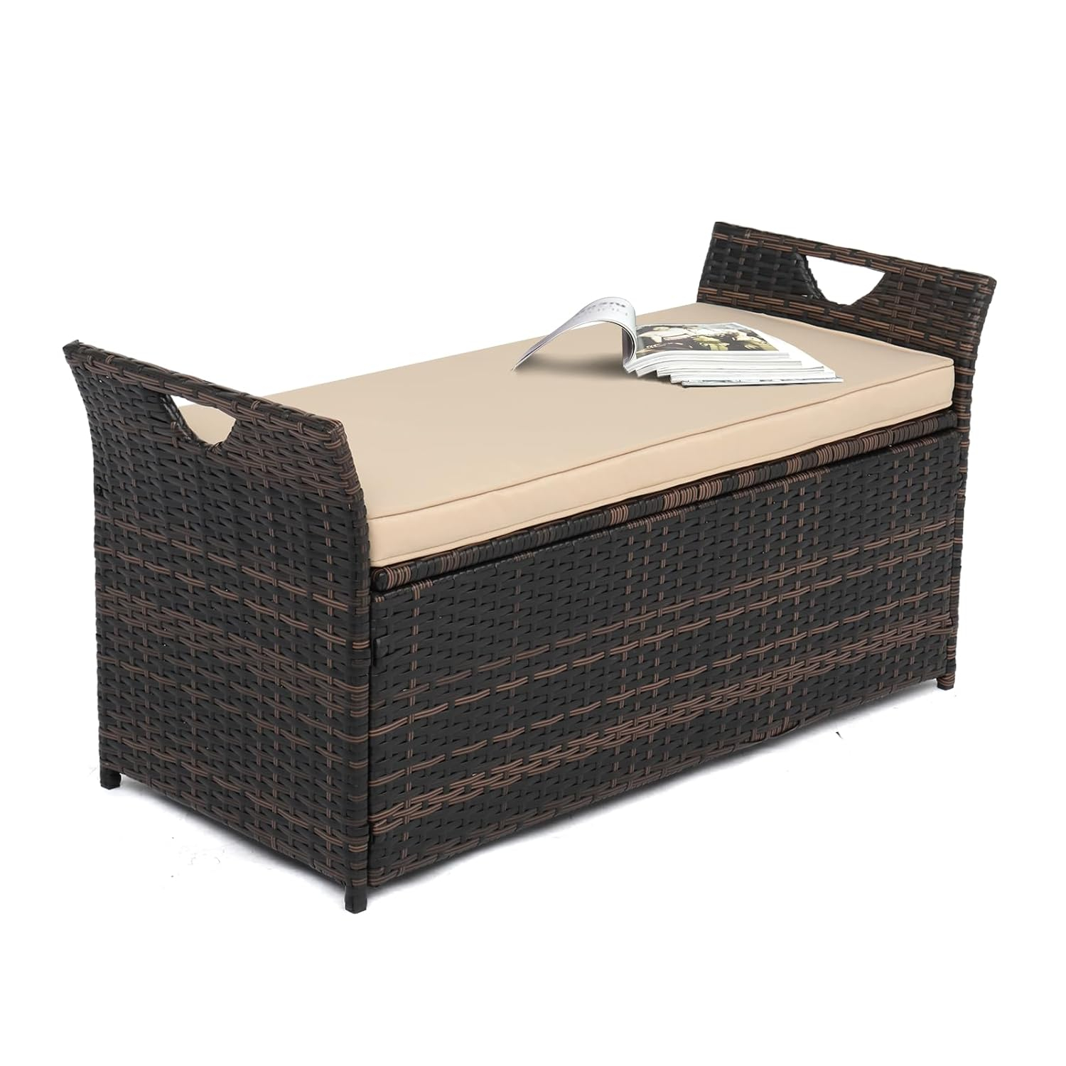 VINGLI 40 Gallon Wicker Storage Bench, Patio Cushion Storage Box Designed with Side Handles, Rattan Deck Box for Garden Tools, Cushions, Outdoor Patio Deck Box for Garden, Poolside, Brown