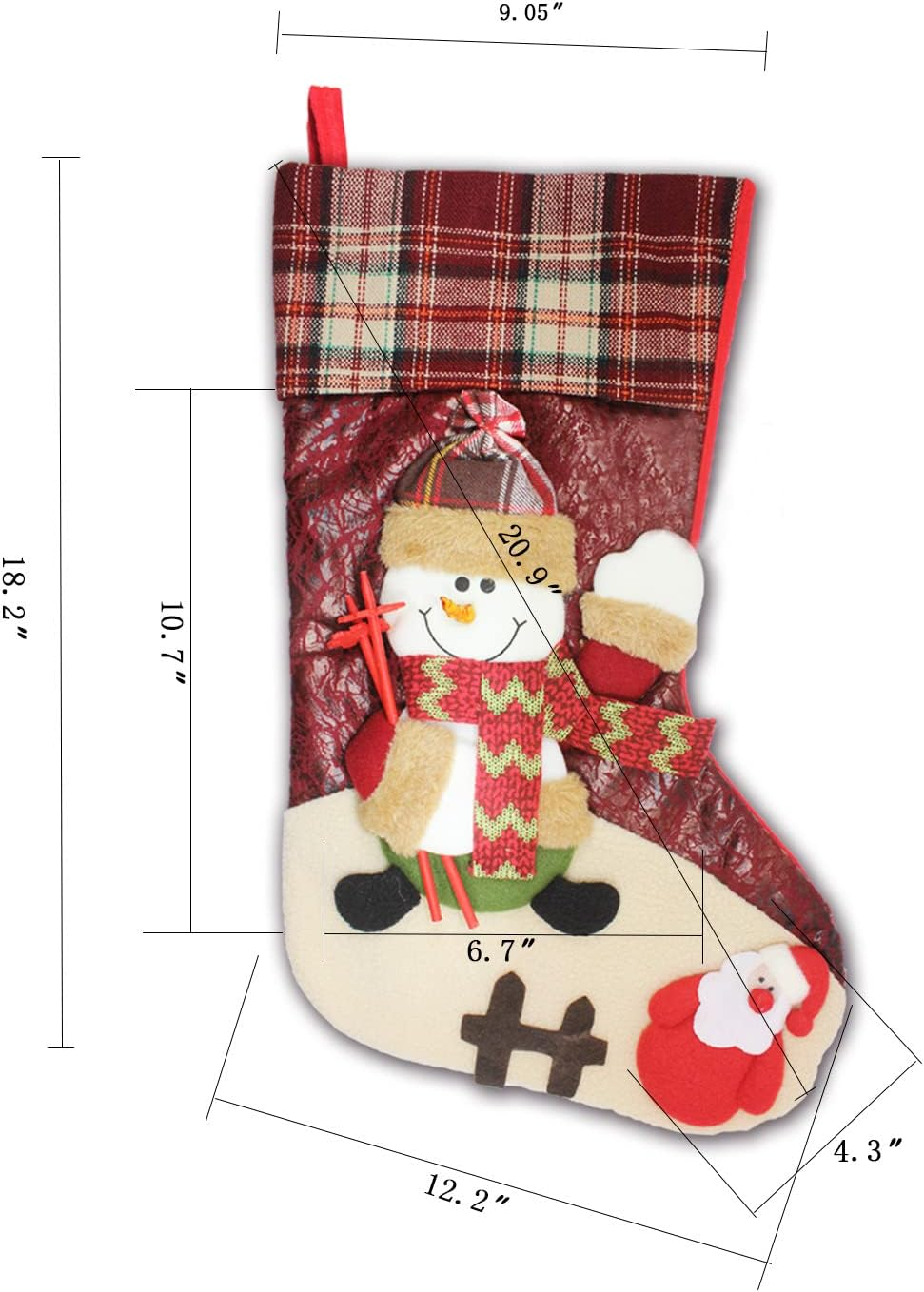 21 inch Plaid Christmas Stockings Snowman with Santa Claus One Piece, Felt Large Plush 3D Snowman Design Hanging Xmas Stocking for Girls Boys Gift Tree Mantel Party Décor (Red Snowman)