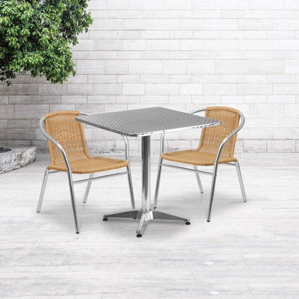 Flash Furniture Lila 27.5'' Square Aluminum Indoor-Outdoor Table Set with 2 Beige Rattan Chairs