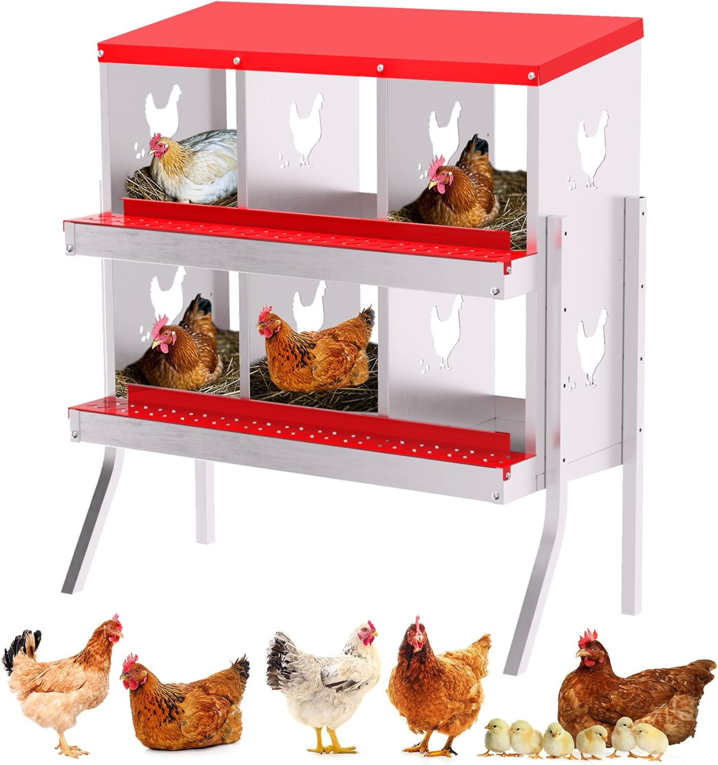 Nesting Boxes for Chickens, 6 Compartment Chicken Nesting Box with Metal Legs, Metal Chicken Laying Boxes with Perch, Secure Lid, Versatile Wall Mount or Free Standing for Hens, Red