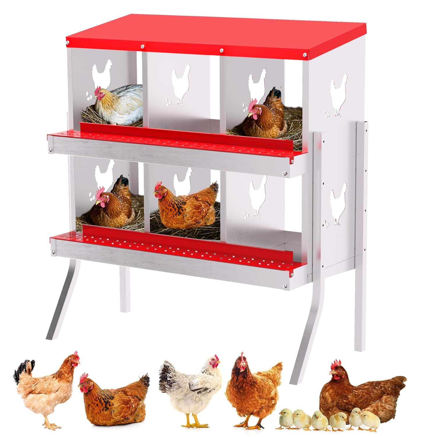 Nesting Boxes for Chickens, 6 Compartment Chicken Nesting Box with Metal Legs, Metal Chicken Laying Boxes with Perch, Secure Lid, Versatile Wall Mount or Free Standing for Hens, Red