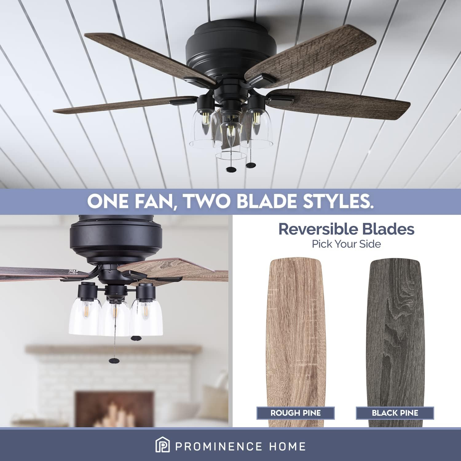 Prominence Home Magonia 52-in Flush Mount Matte Black with Black Pine/Rough Pine Blades Ceiling Fan With Light ( 5 -Blade )