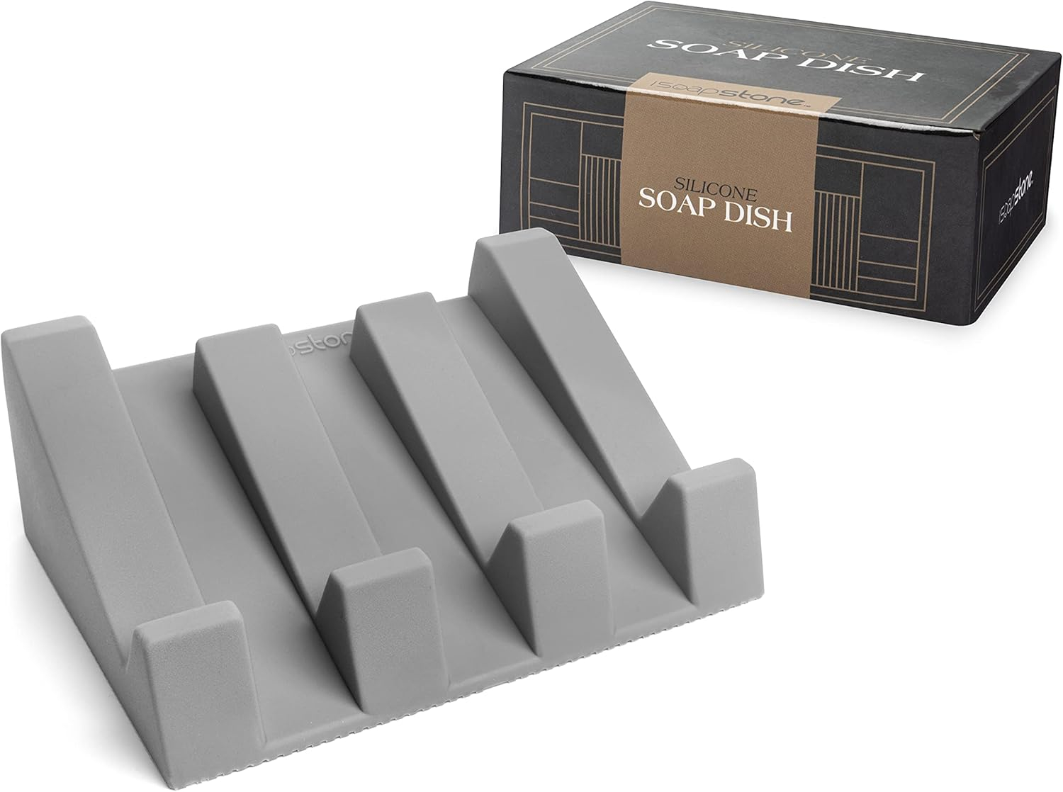 iSoapStone Premium Self-Draining Silicone Soap Dish: Waterfall Bar Holder Tray with Drain Saver, Anti-Slip Kitchen & Bathroom Accessory for Sponges and Bar Soaps - Patent-Pending Design (Light Grey)