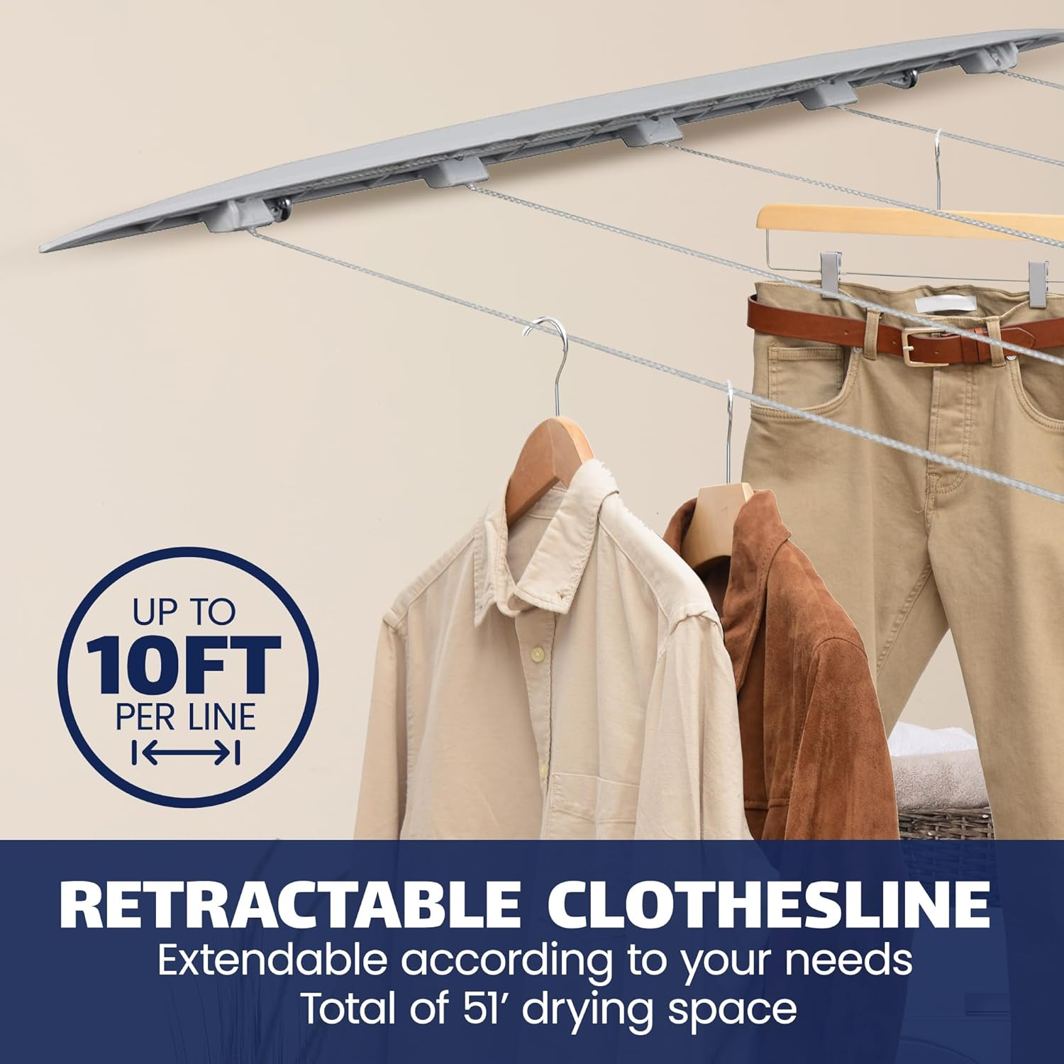 5-Line Retractable Indoor Clothesline, Adds 51 Feet of Drying Space, Wall Mounted Clothes Line, Easy to Install Retractable Laundry Line, Adjustable Indoor Clothesline for Air Drying Clothes