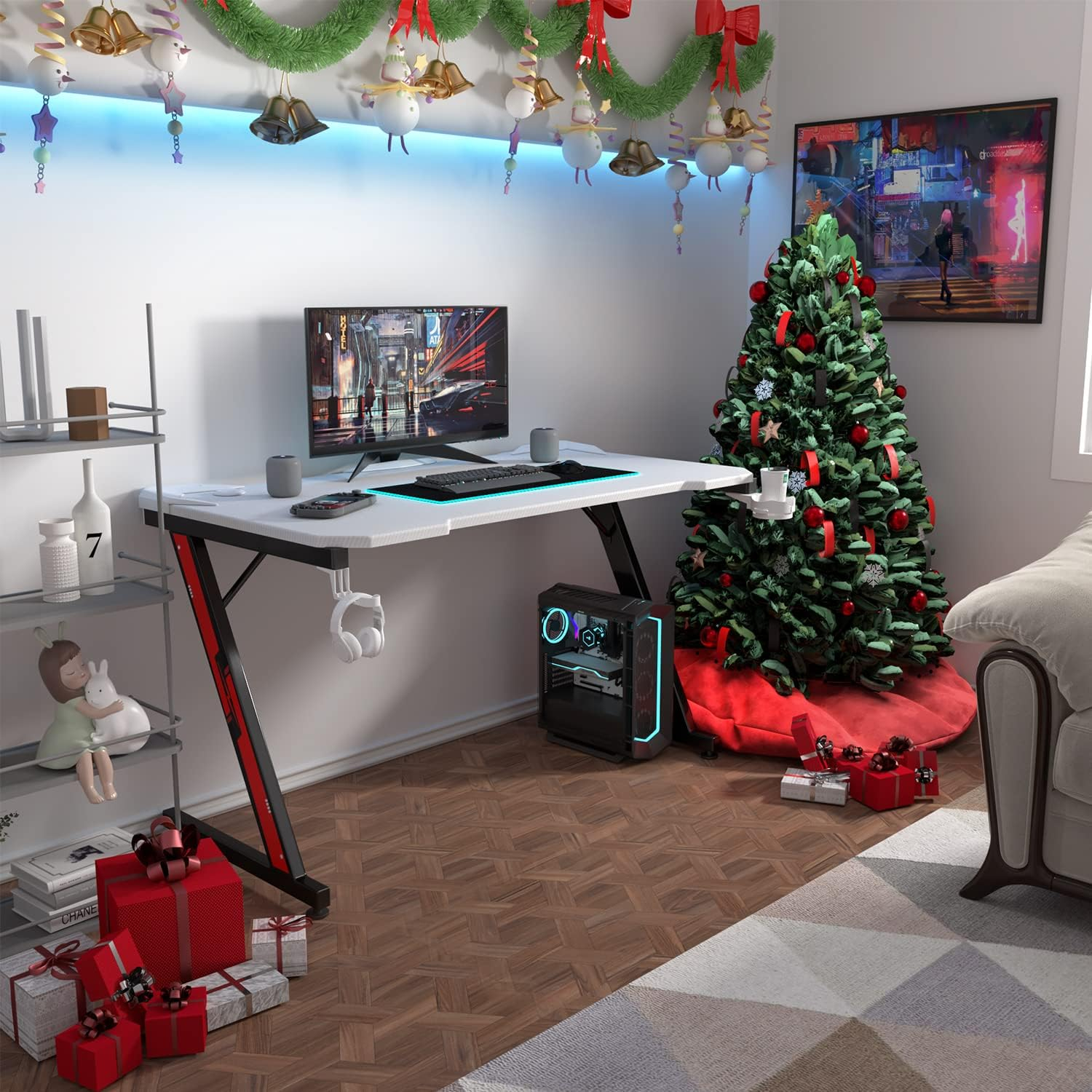 Homall Gaming Computer Desk with Carbon Fiber Surface, Gaming Table Z Shaped Pc Home Office with Cup Holder&Headphone Hook(44 in, White)