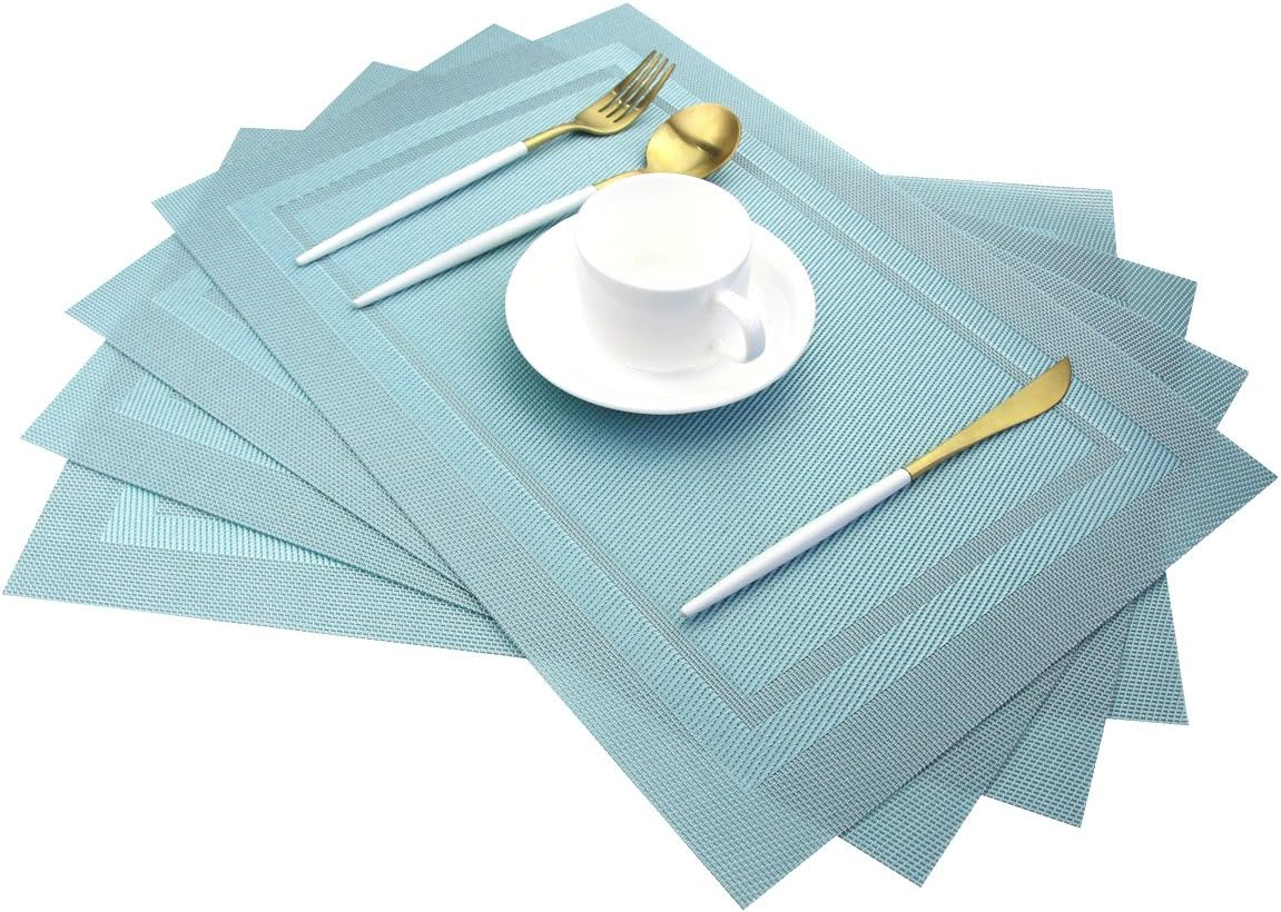 PIGCHCY Heat Insulation Non Slip Plastic Placemats,Washable Easy to Clean Woven Vinyl Kitchen Stain Resistant Placemats for Dining Table Set of 6 (Sky Blue)