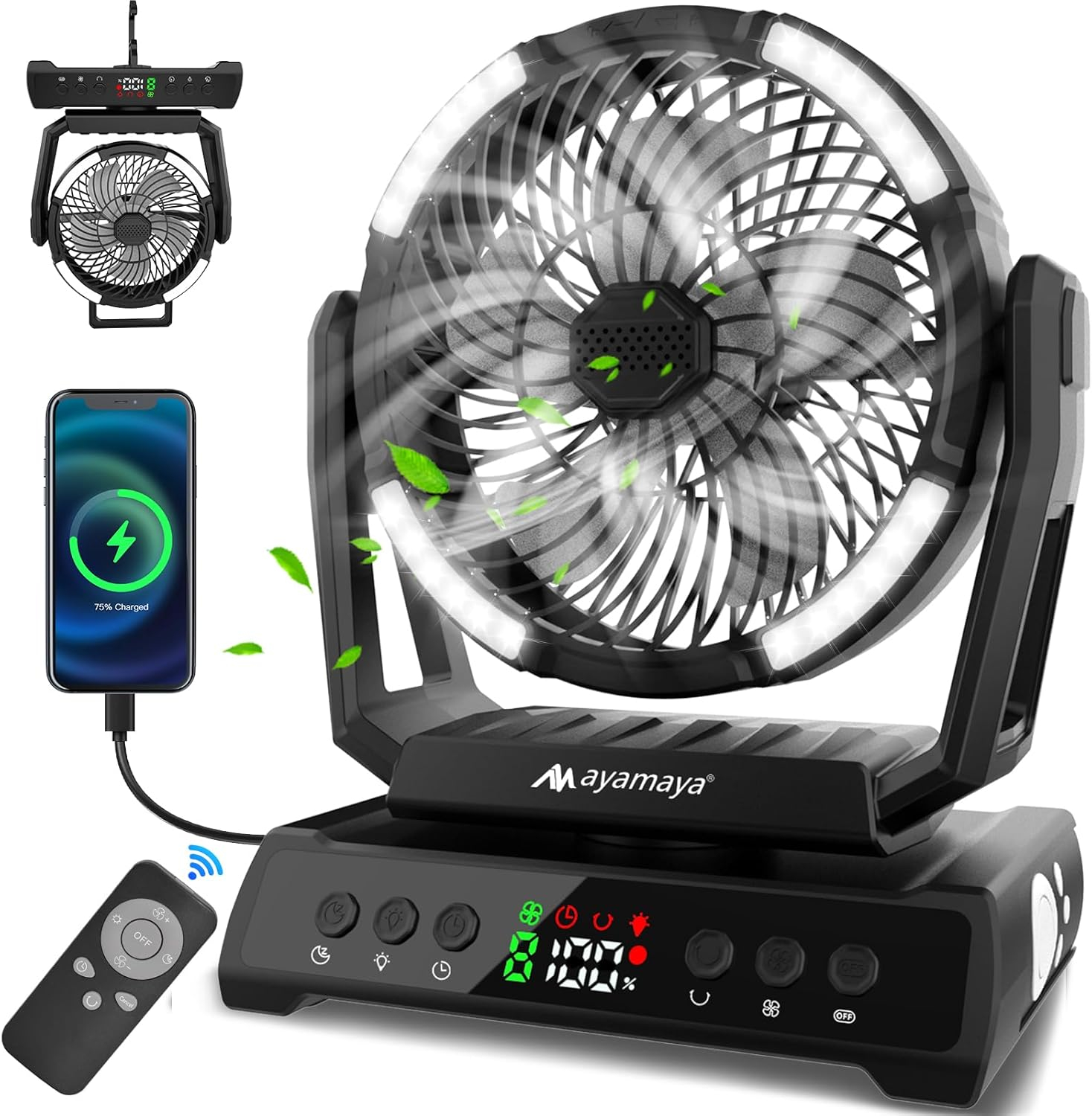 ayamaya Camping Fan, 20000mAh Rechargeable Tent Fan with Light, Remote, 9 Speeds Battery Powered Fans with Digital Display, Timer, Auto Oscillation & Hook for Camping, Outdoors